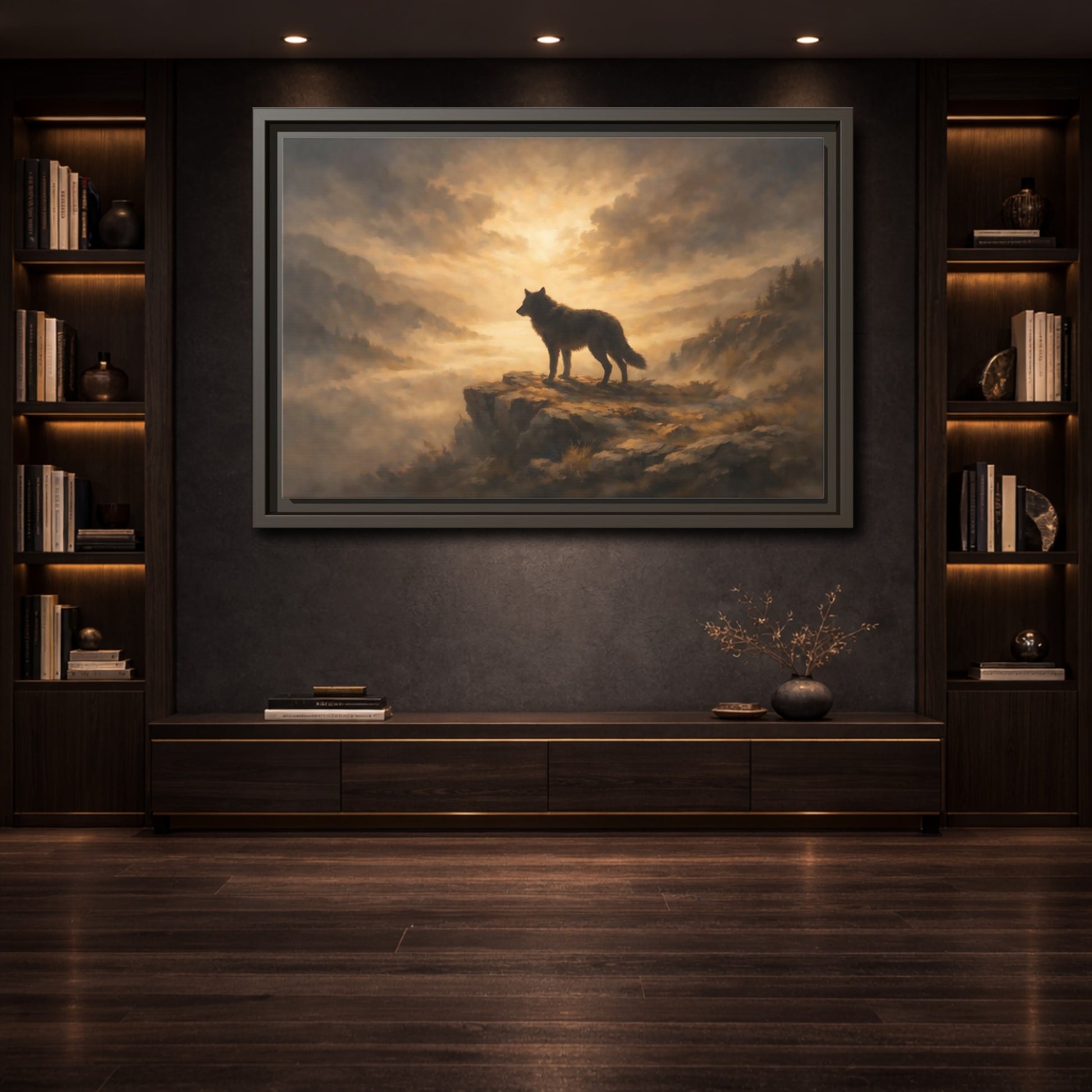 Mockup 3. Animals Wolf Brown And Gold shown as stretched canvas wall art