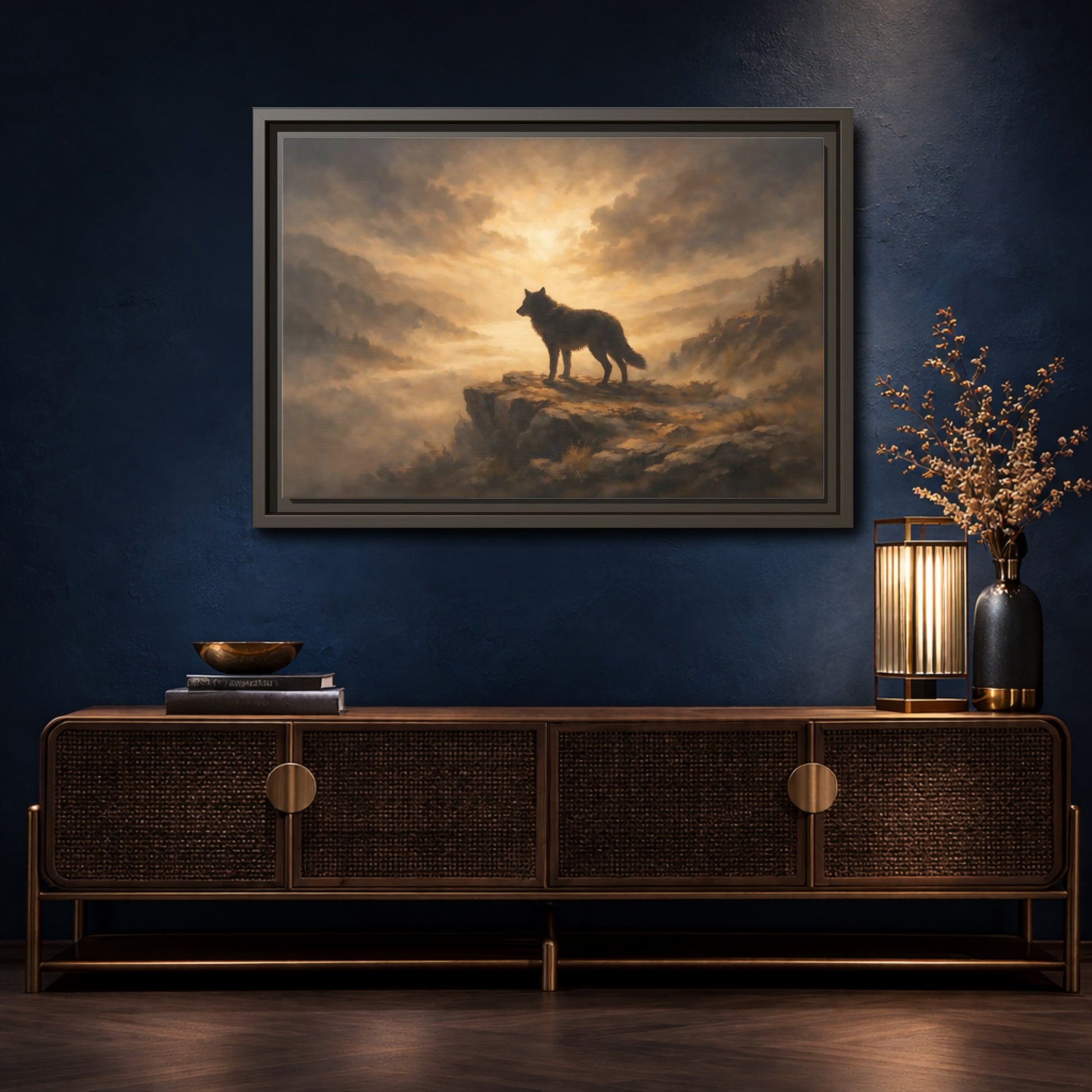 Mockup 4. Animals Wolf Brown And Gold shown as stretched canvas wall art