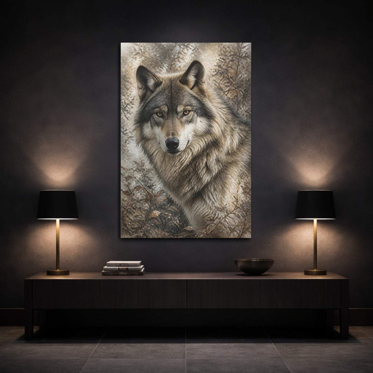 Mockup 3. Animals Wolf Brown And Grey shown as stretched canvas wall art