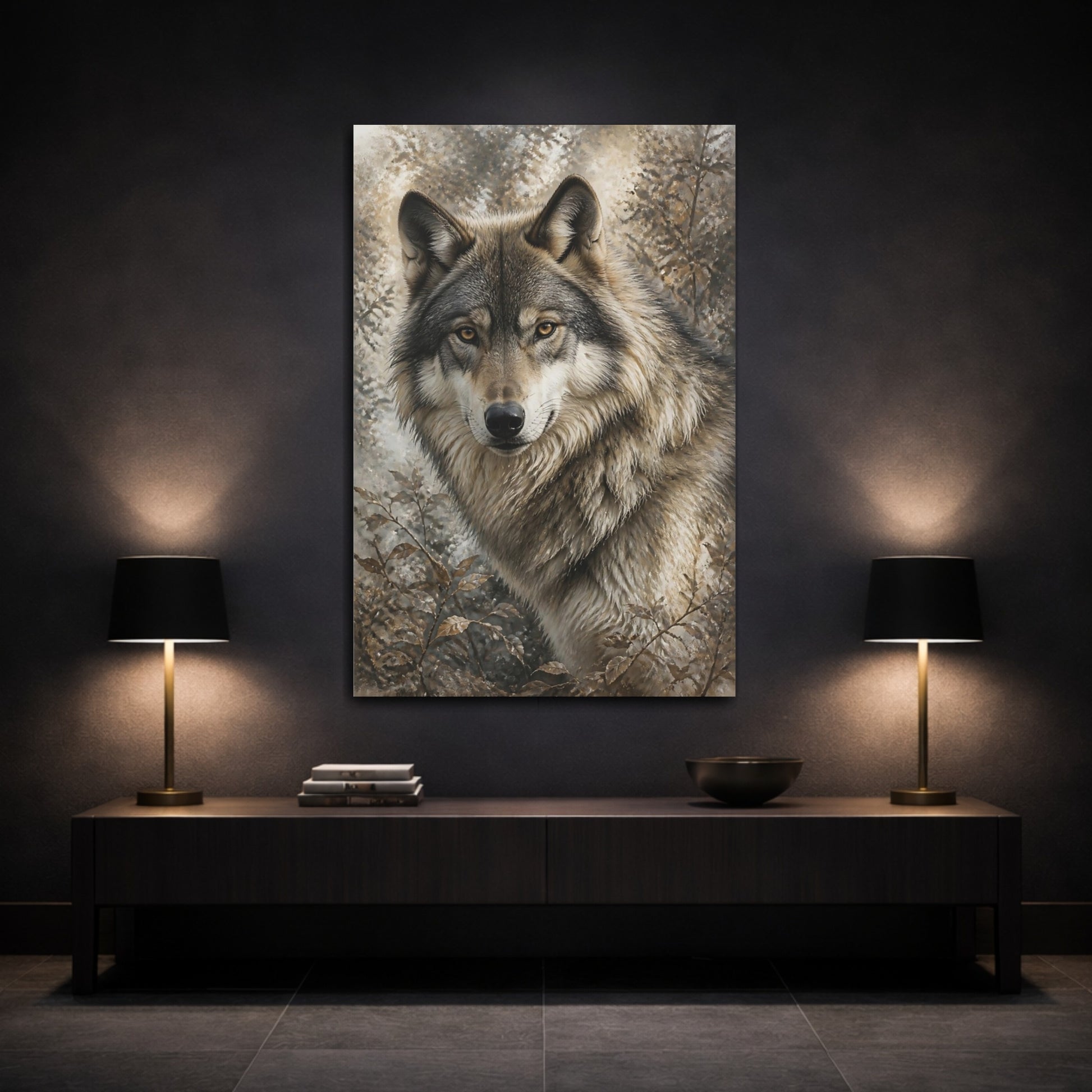Mockup 3. Animals Wolf Brown And Grey shown as stretched canvas wall art