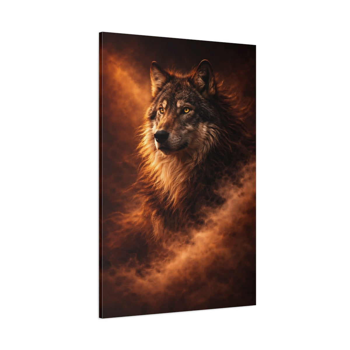 Main Mockup. Animals Wolf Brown And Orange shown as stretched canvas wall art