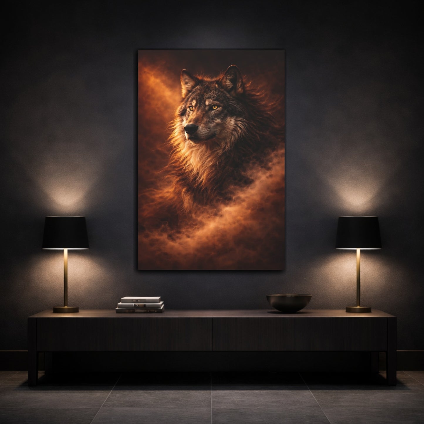 Mockup 2. Animals Wolf Brown And Orange shown as stretched canvas wall art