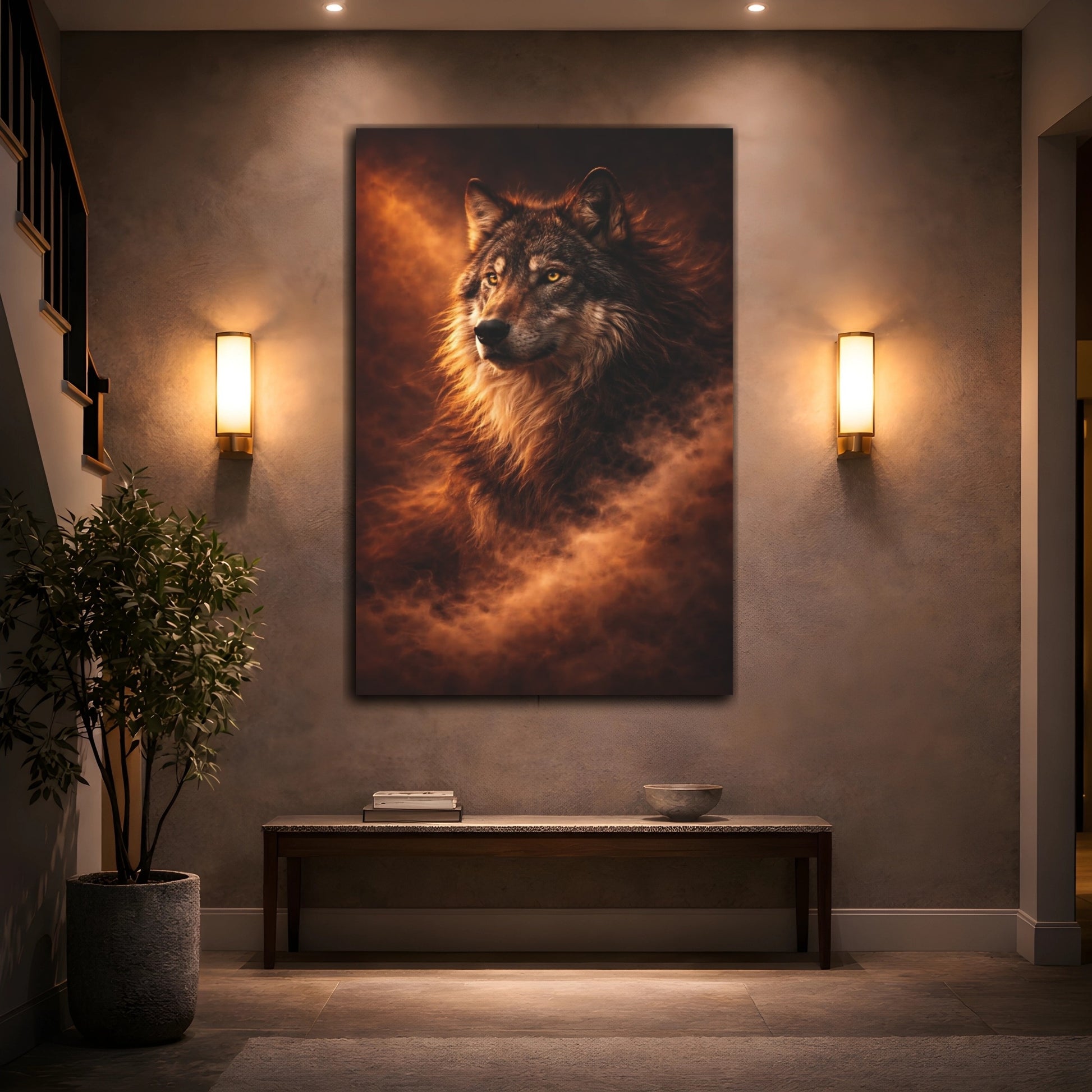 Mockup 3. Animals Wolf Brown And Orange shown as stretched canvas wall art