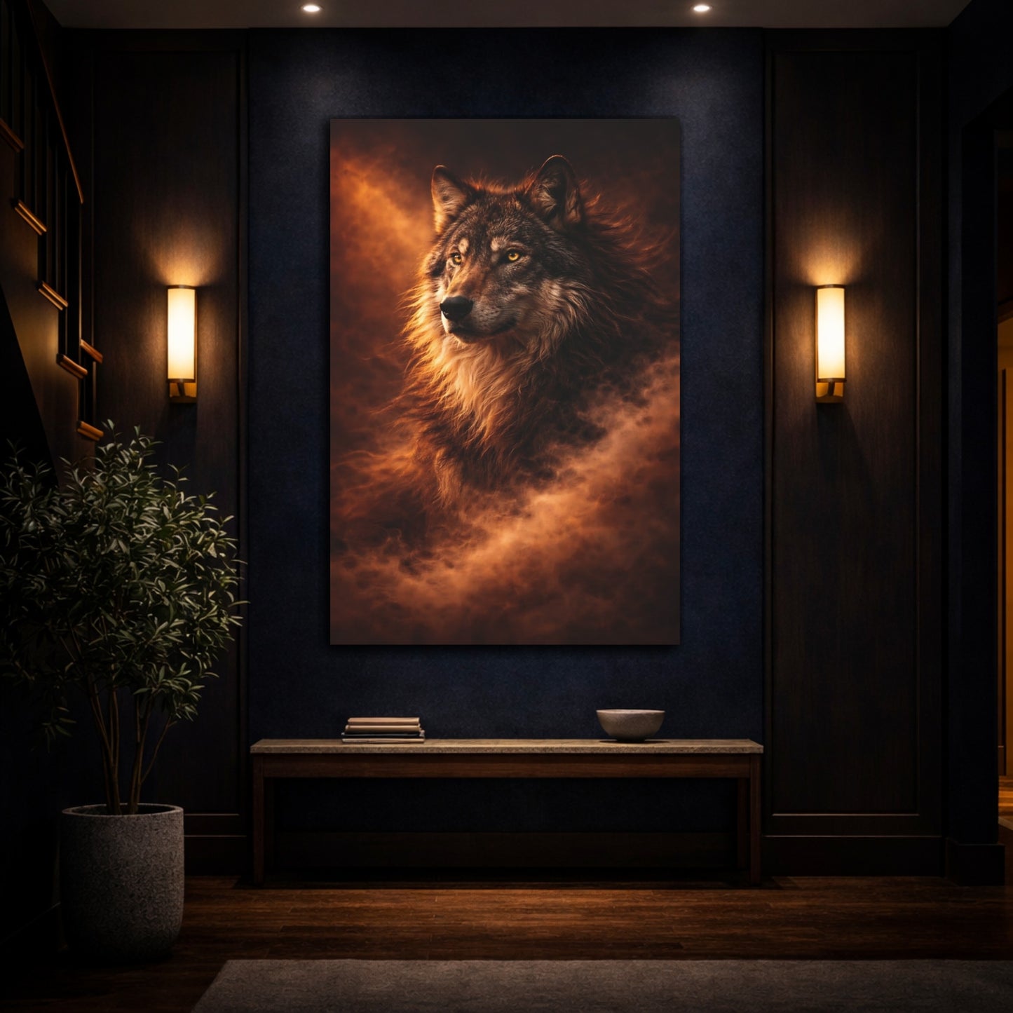 Mockup 4. Animals Wolf Brown And Orange shown as stretched canvas wall art
