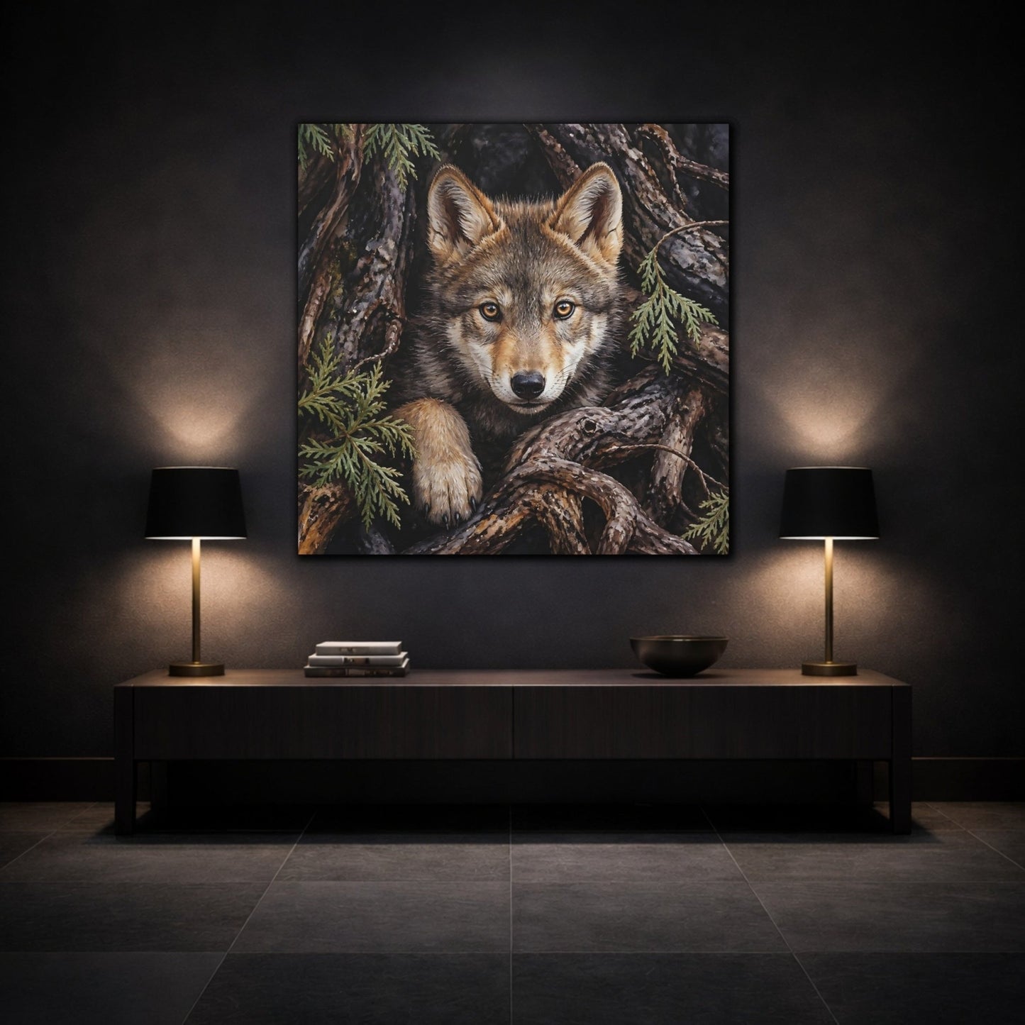 Animals Wolf Brown Canvas Print Wall Art – Realistic Living Room, Above Console Table - YesArtYes