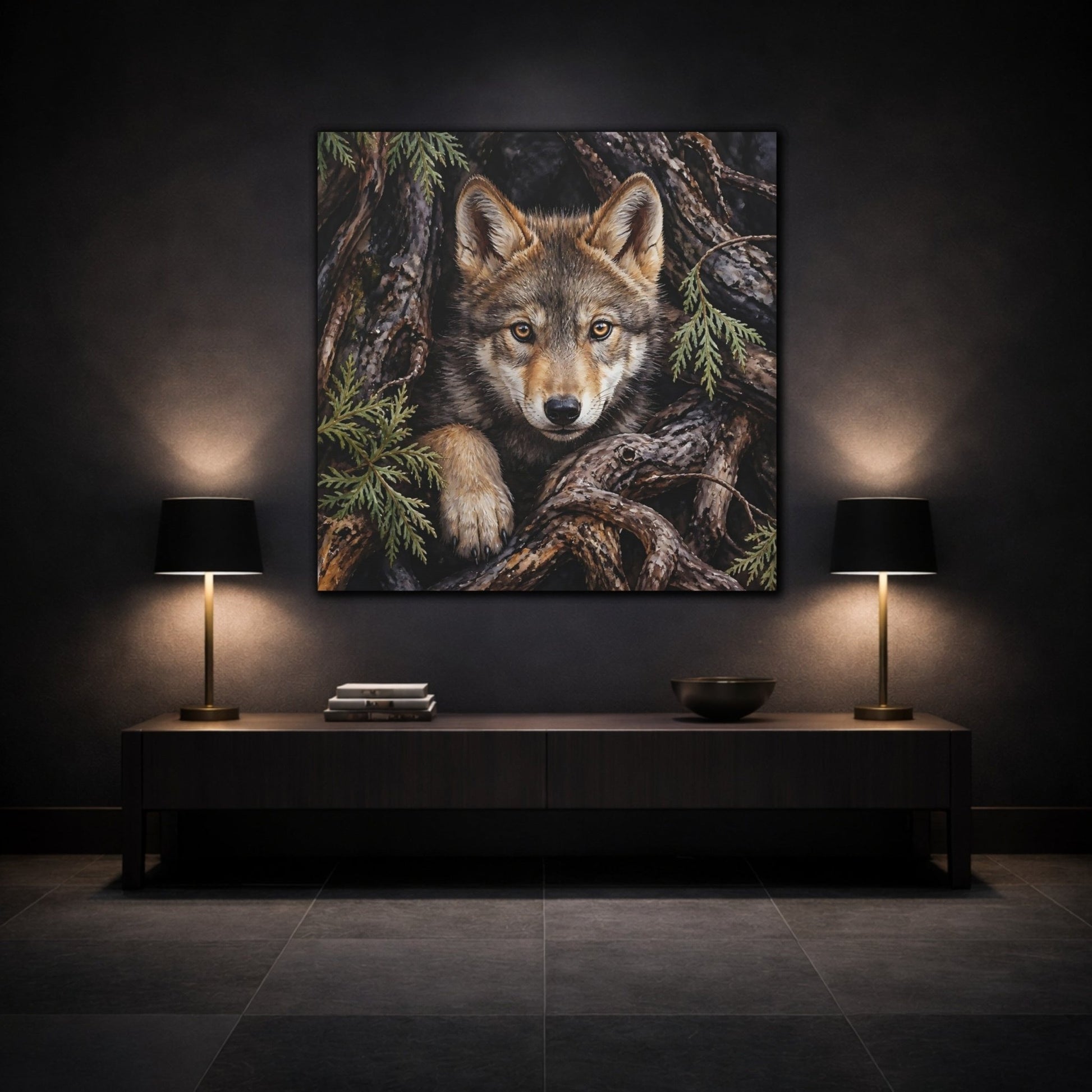 Animals Wolf Brown Canvas Print Wall Art – Realistic Living Room, Above Console Table - YesArtYes
