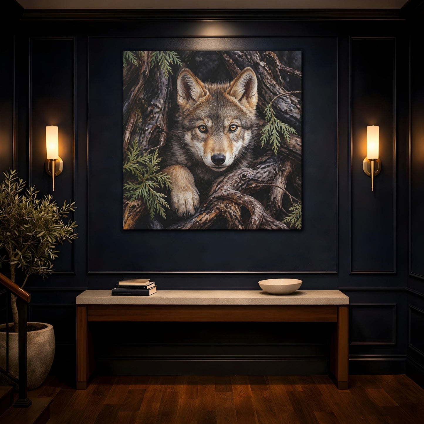 Animals Wolf Brown Canvas Print Wall Art – Realistic Living Room, Above Console Table - YesArtYes