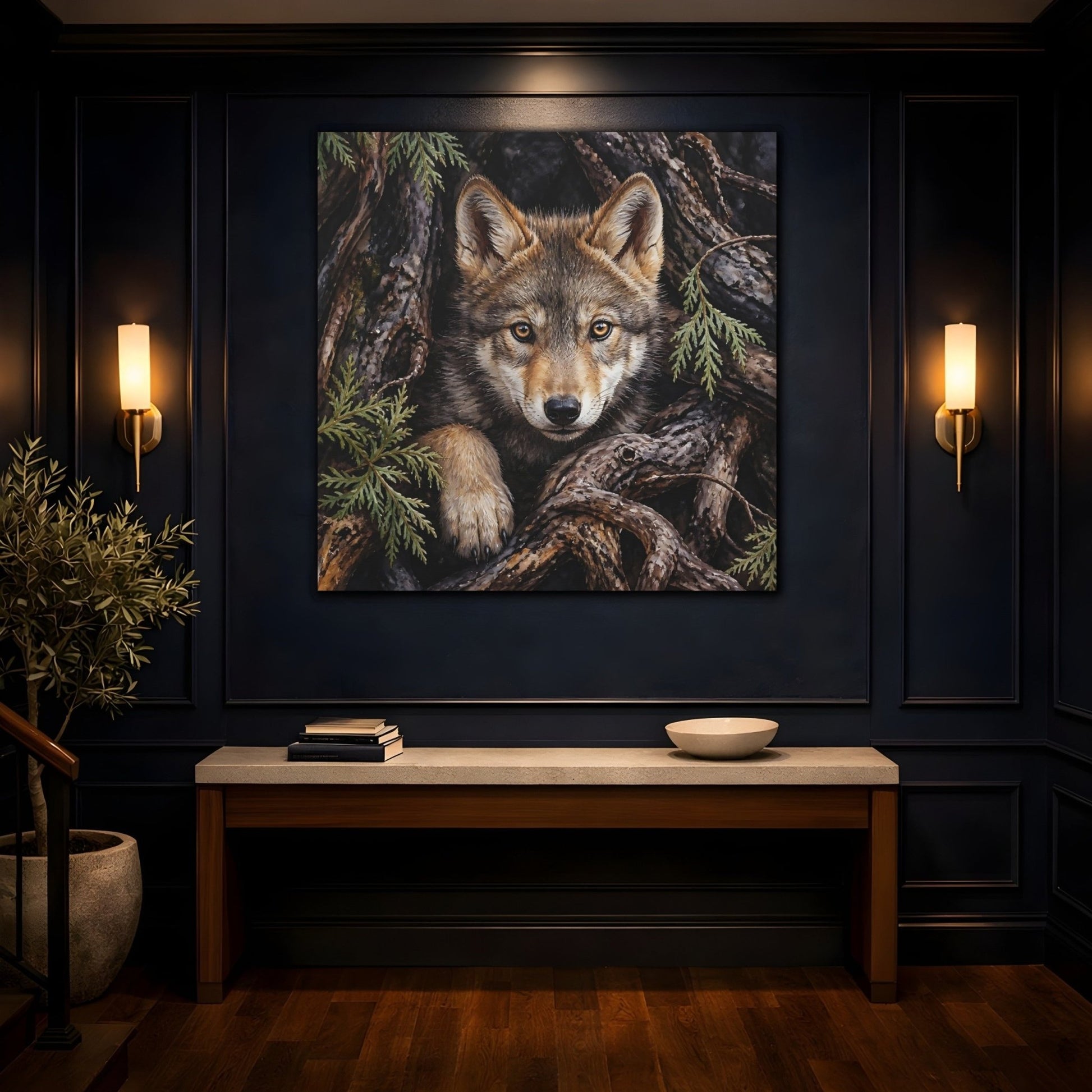 Animals Wolf Brown Canvas Print Wall Art – Realistic Living Room, Above Console Table - YesArtYes