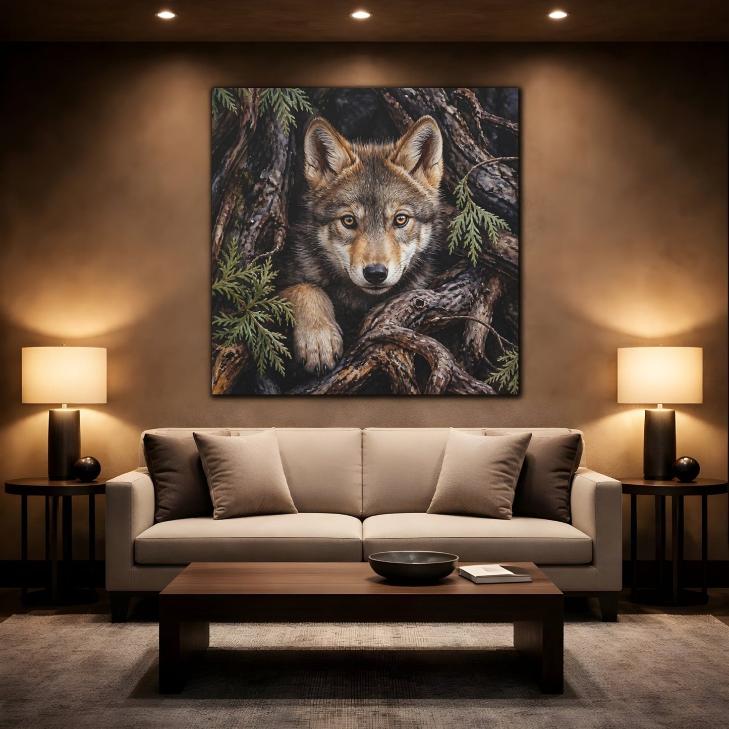 Animals Wolf Brown Canvas Print Wall Art – Realistic Living Room, Above Console Table - YesArtYes