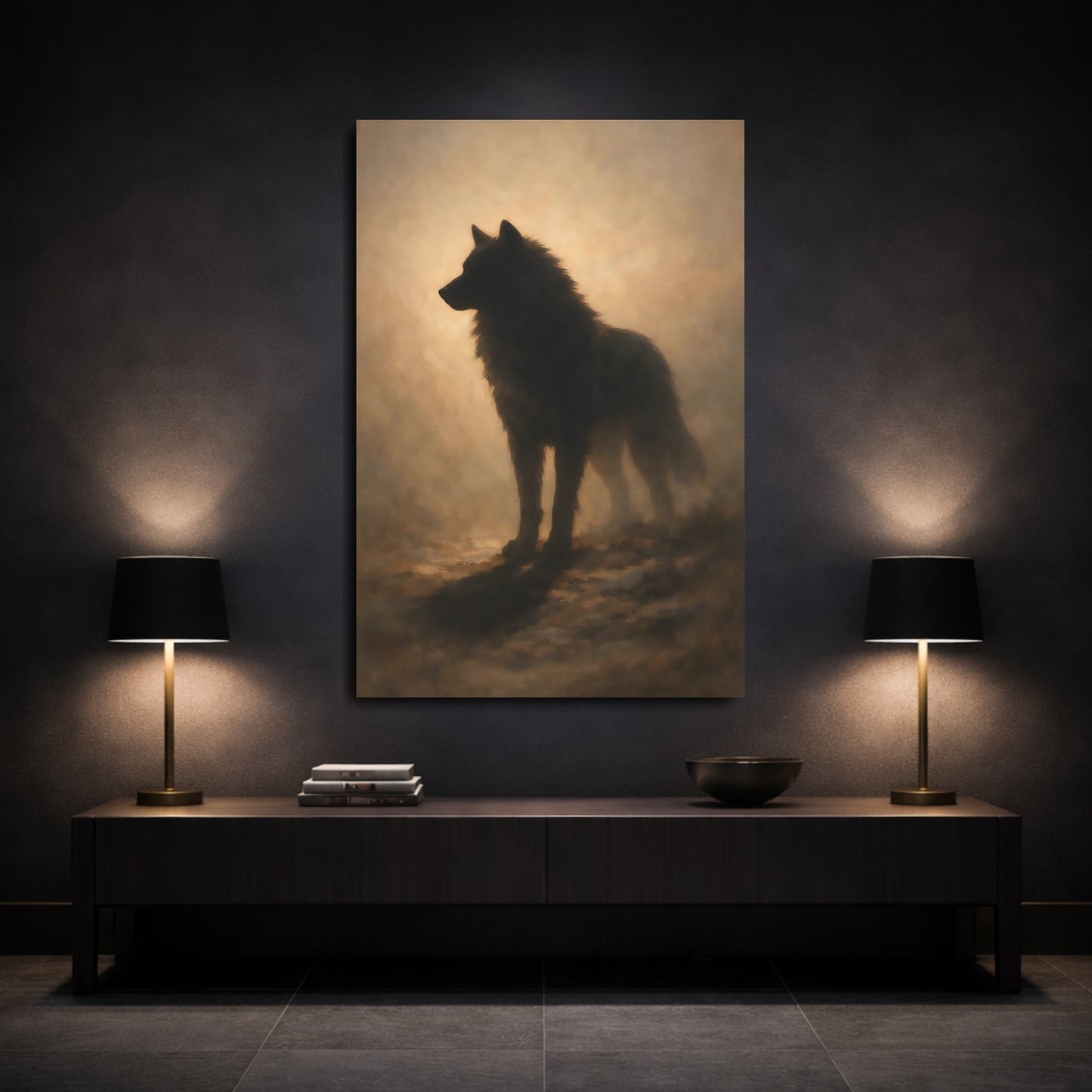 Mockup 2. Animals Wolf Brown Wolf shown as stretched canvas wall art