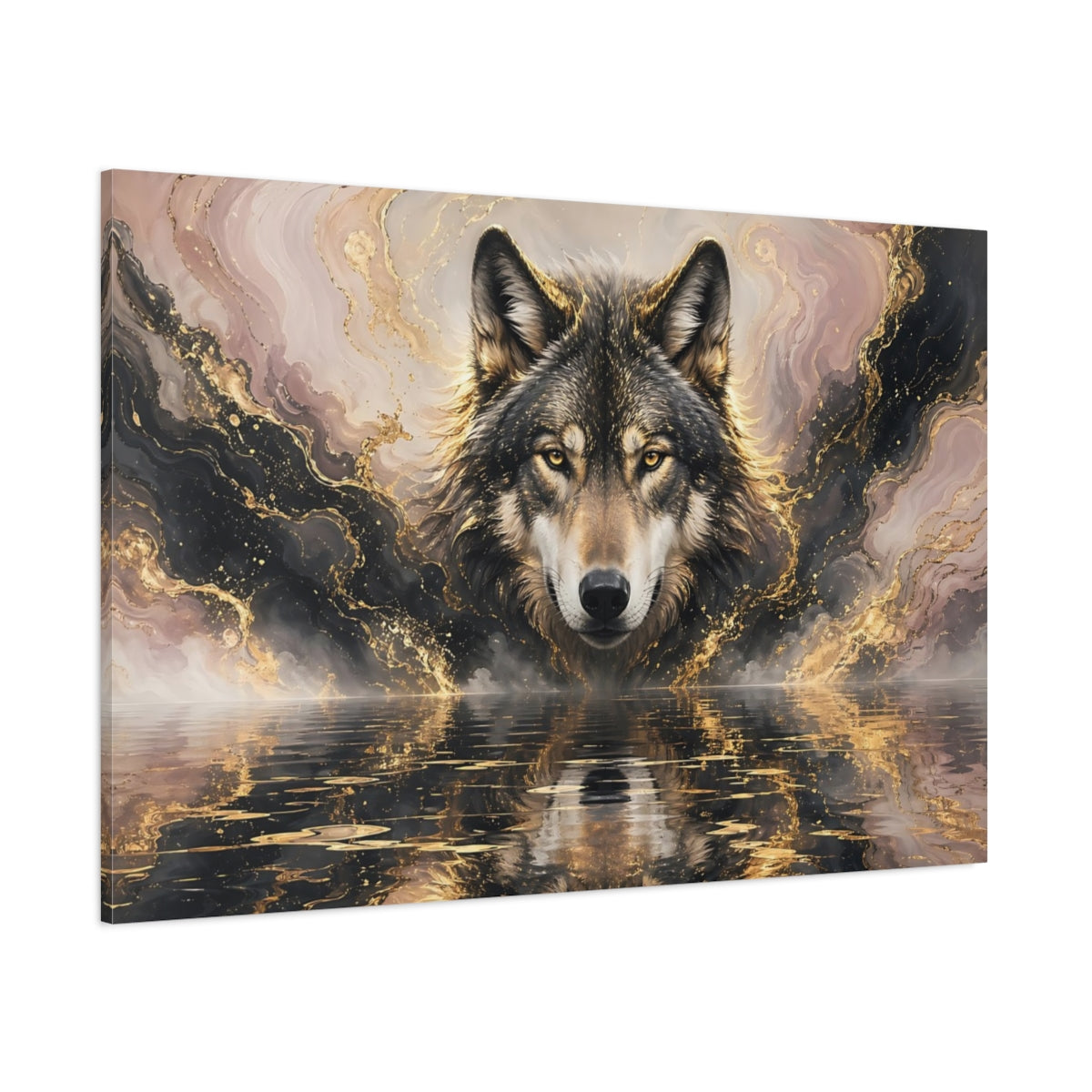 Side Mockup 1. Animals Wolf Gold And Black Wolf shown as stretched canvas wall art