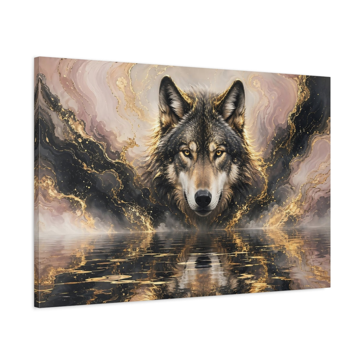 Main Mockup. Animals Wolf Gold And Black Wolf shown as stretched canvas wall art