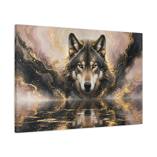 Main Mockup. Animals Wolf Gold And Black Wolf shown as stretched canvas wall art
