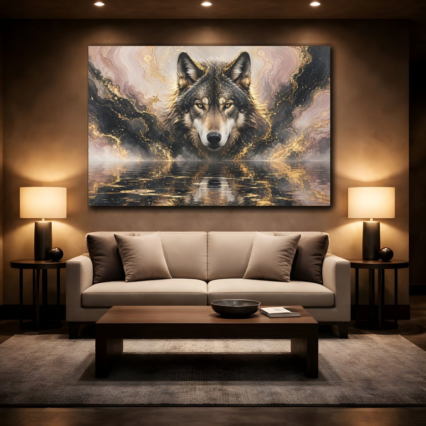 Mockup 2. Animals Wolf Gold And Black Wolf shown as stretched canvas wall art