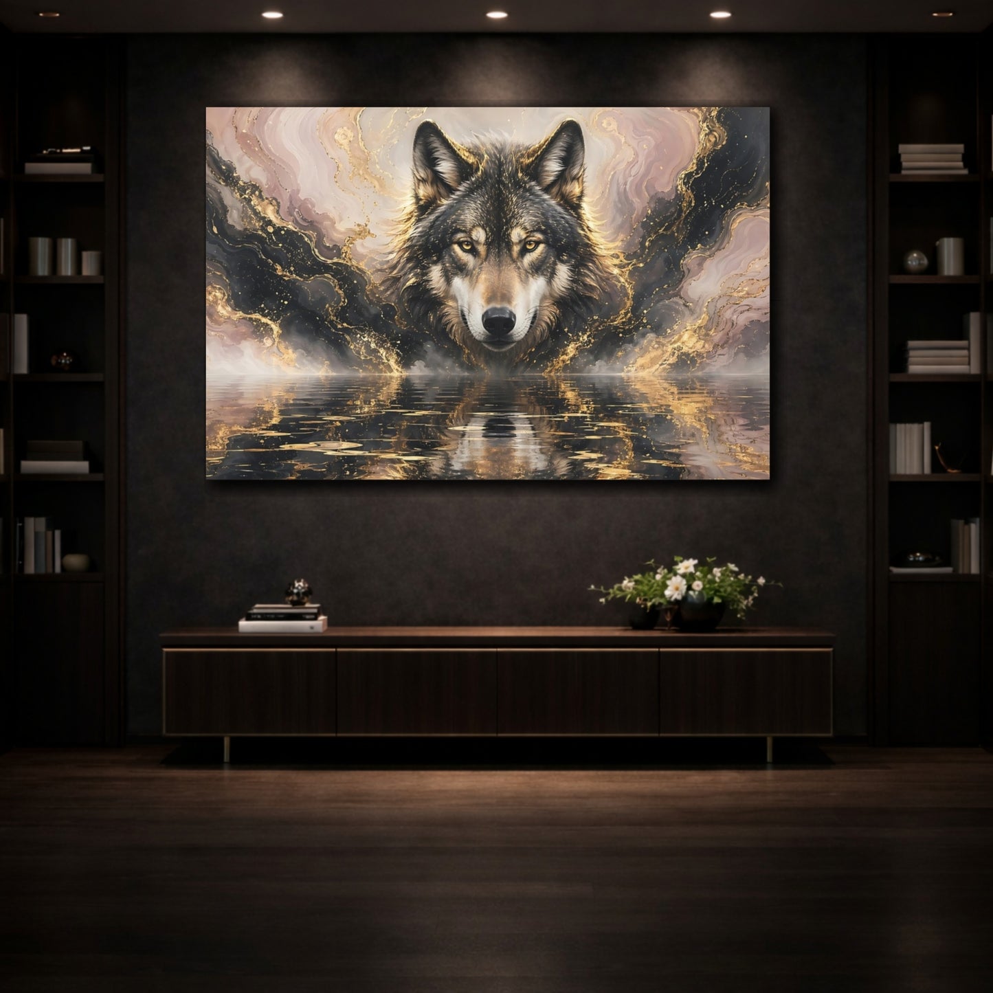 Mockup 3. Animals Wolf Gold And Black Wolf shown as stretched canvas wall art