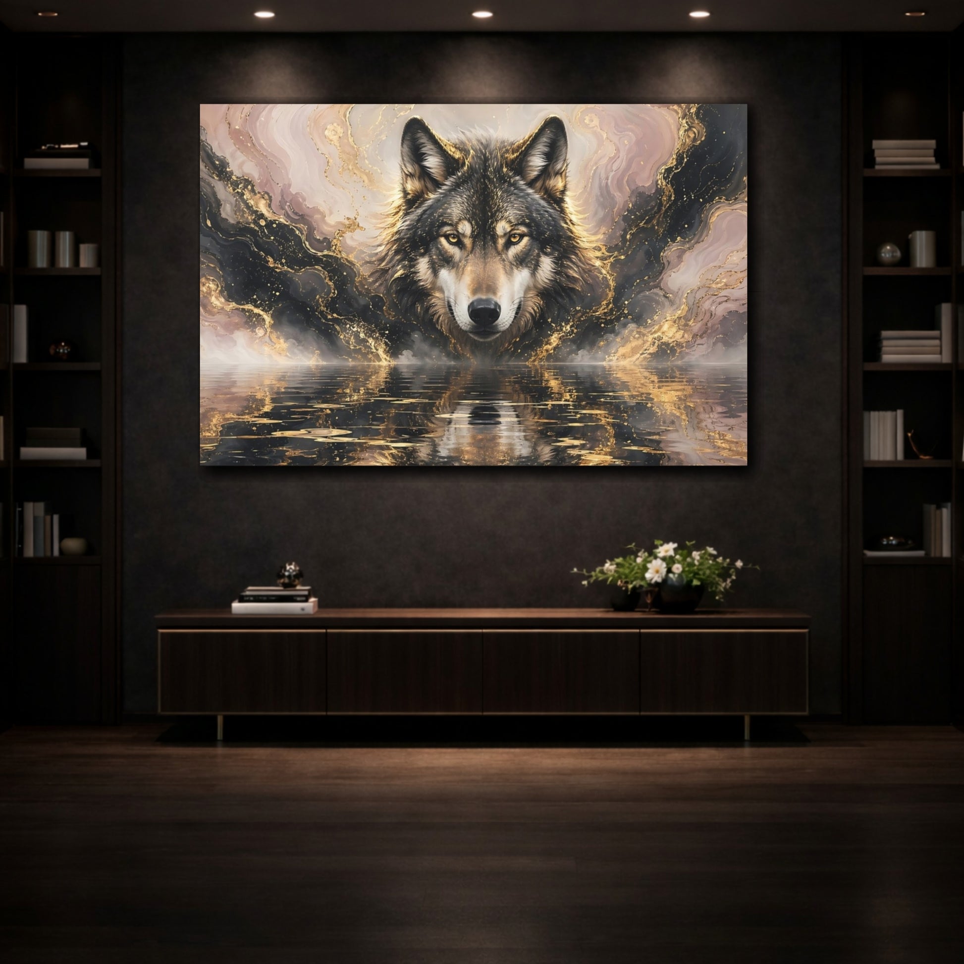 Mockup 3. Animals Wolf Gold And Black Wolf shown as stretched canvas wall art