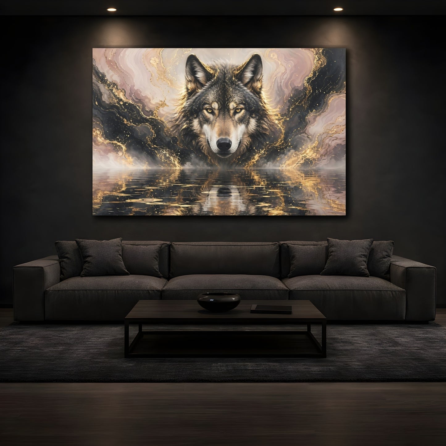 Mockup 4. Animals Wolf Gold And Black Wolf shown as stretched canvas wall art