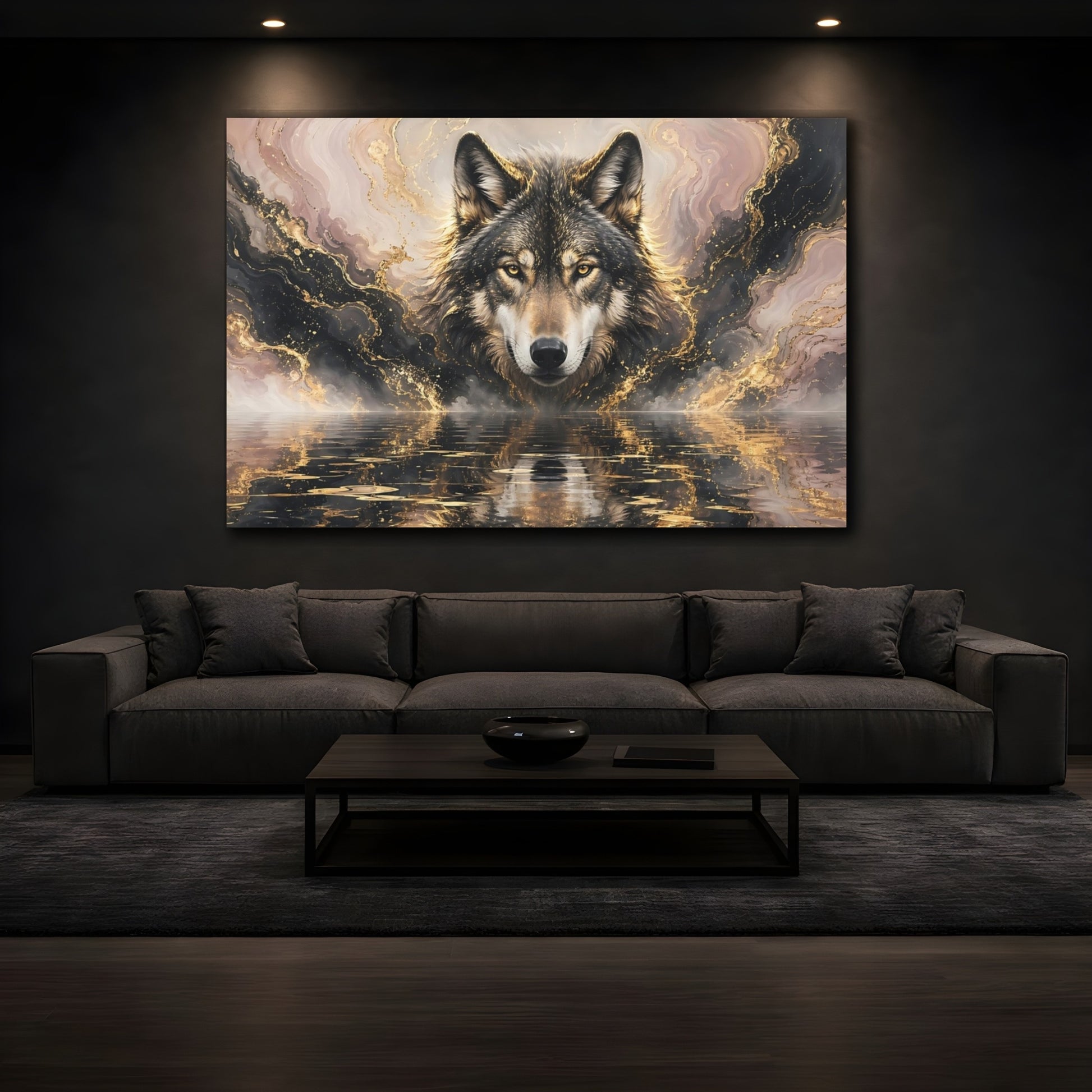 Mockup 4. Animals Wolf Gold And Black Wolf shown as stretched canvas wall art
