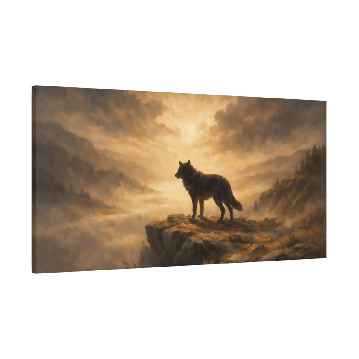 Main Mockup. Animals Wolf Gold Wolf shown as stretched canvas wall art