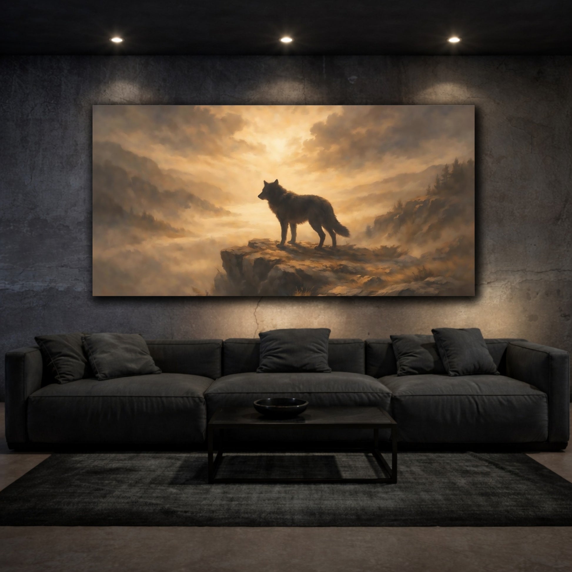 Mockup 2. Animals Wolf Gold Wolf shown as stretched canvas wall art
