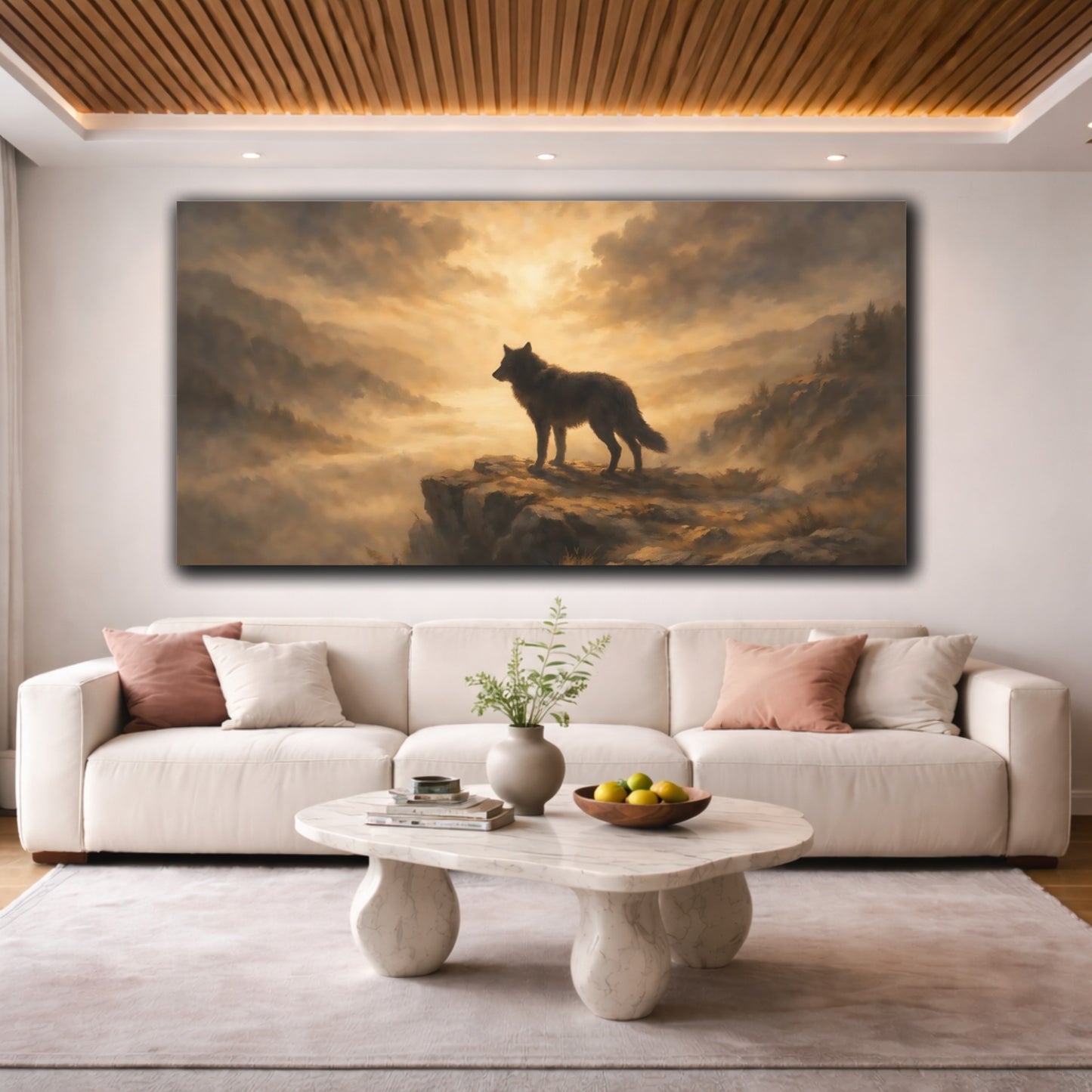 Mockup 3. Animals Wolf Gold Wolf shown as stretched canvas wall art
