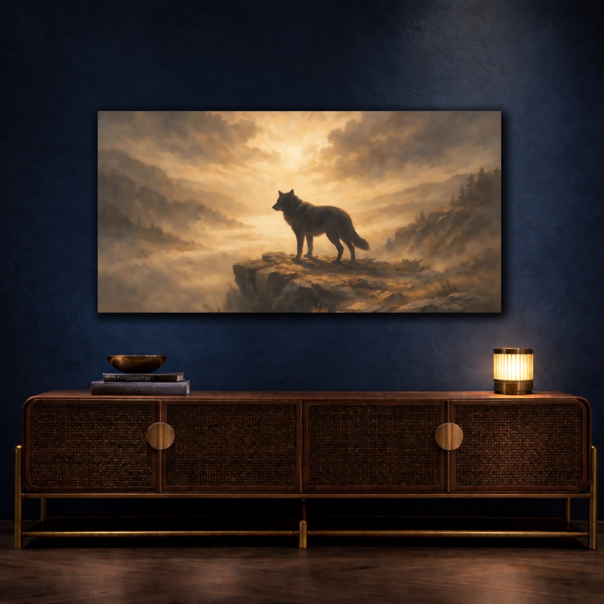 Mockup 4. Animals Wolf Gold Wolf shown as stretched canvas wall art