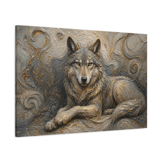 Main Mockup. Animals Wolf Gray And Gold shown as stretched canvas wall art
