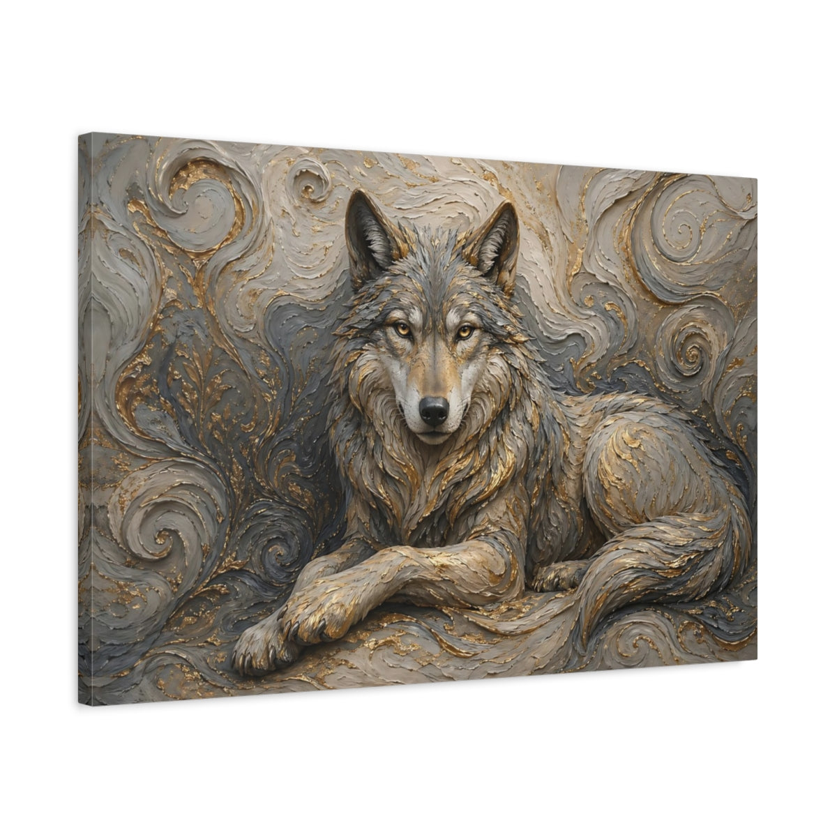 Side Mockup 2. Animals Wolf Gray And Gold shown as stretched canvas wall art