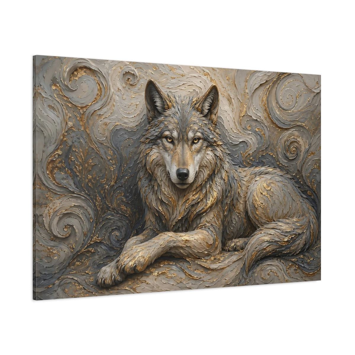 Side Mockup 1. Animals Wolf Gray And Gold shown as stretched canvas wall art
