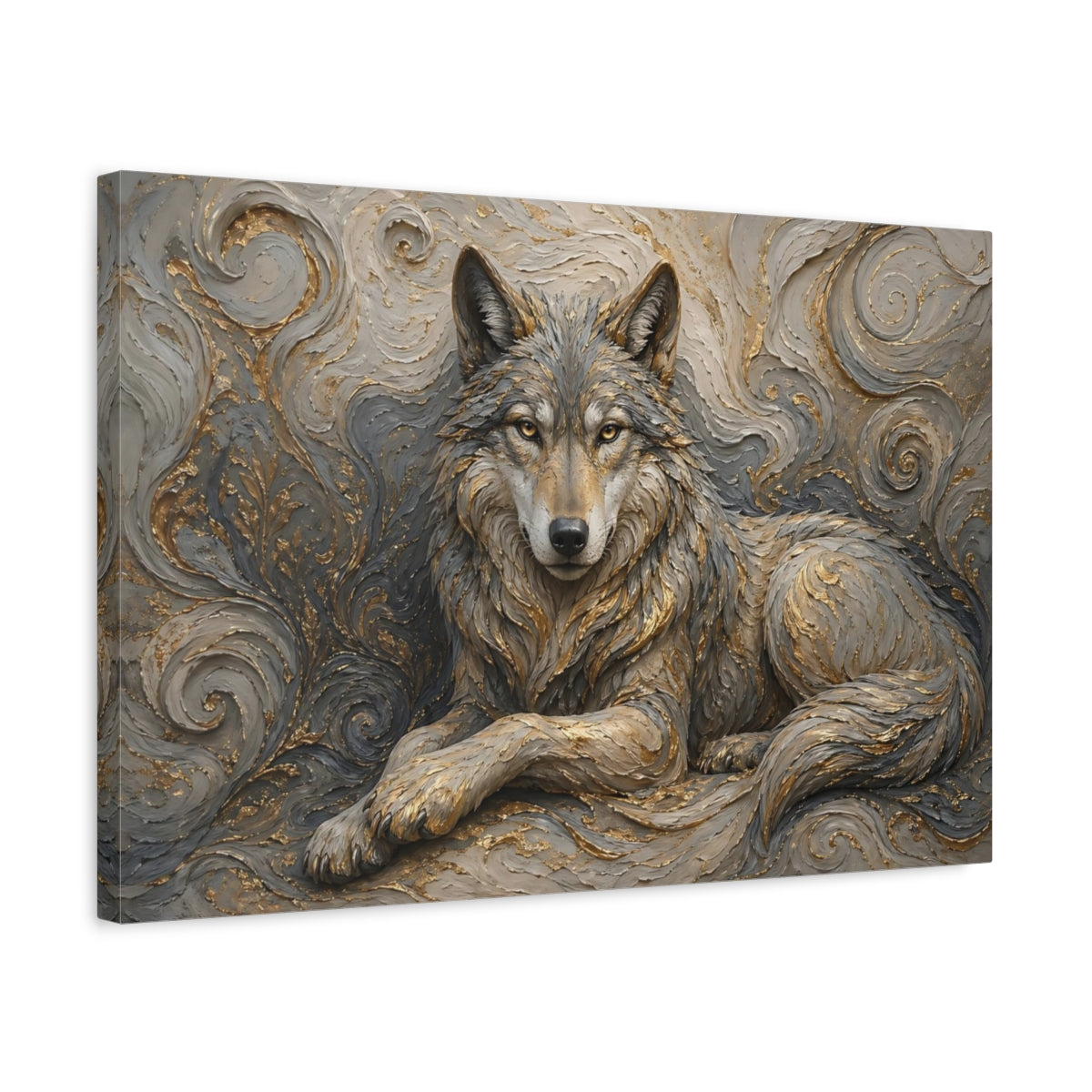 Side Mockup 3. Animals Wolf Gray And Gold shown as stretched canvas wall art