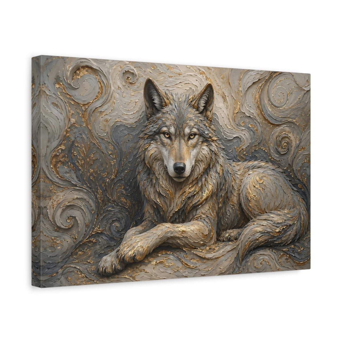 Side Mockup 4. Animals Wolf Gray And Gold shown as stretched canvas wall art