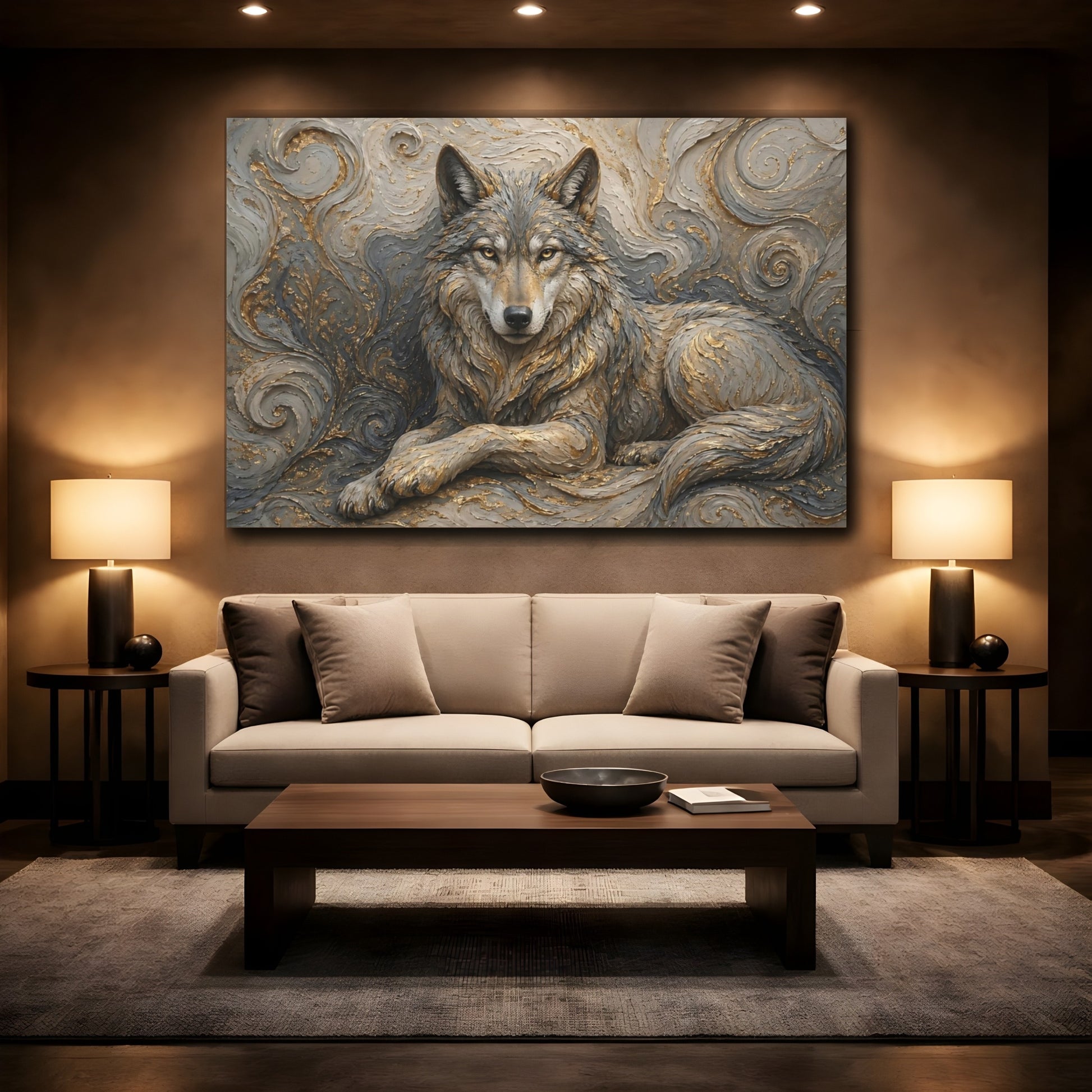 Mockup 2. Animals Wolf Gray And Gold shown as stretched canvas wall art