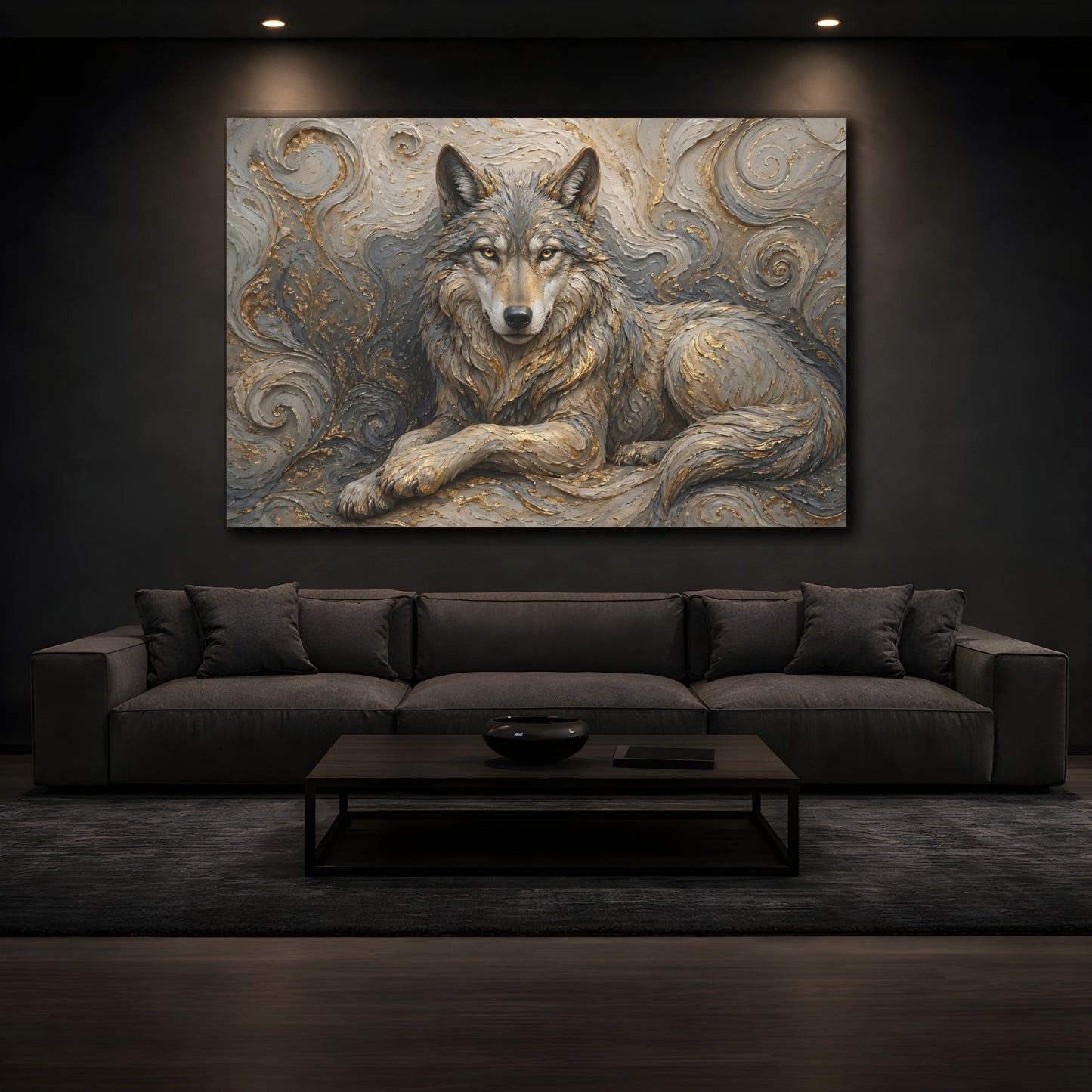 Mockup 3. Animals Wolf Gray And Gold shown as stretched canvas wall art