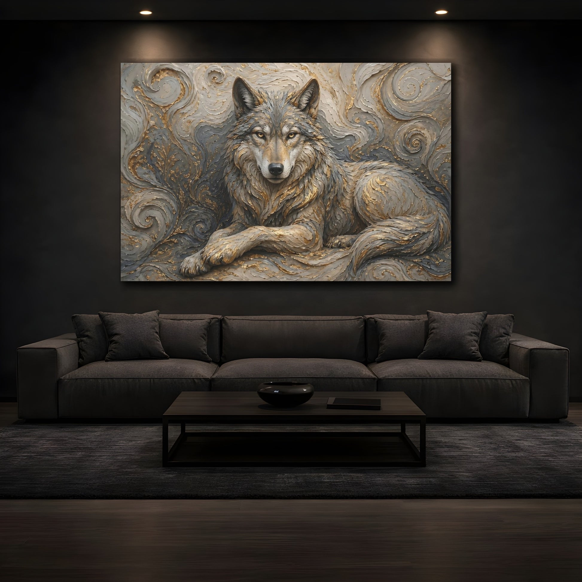 Mockup 3. Animals Wolf Gray And Gold shown as stretched canvas wall art