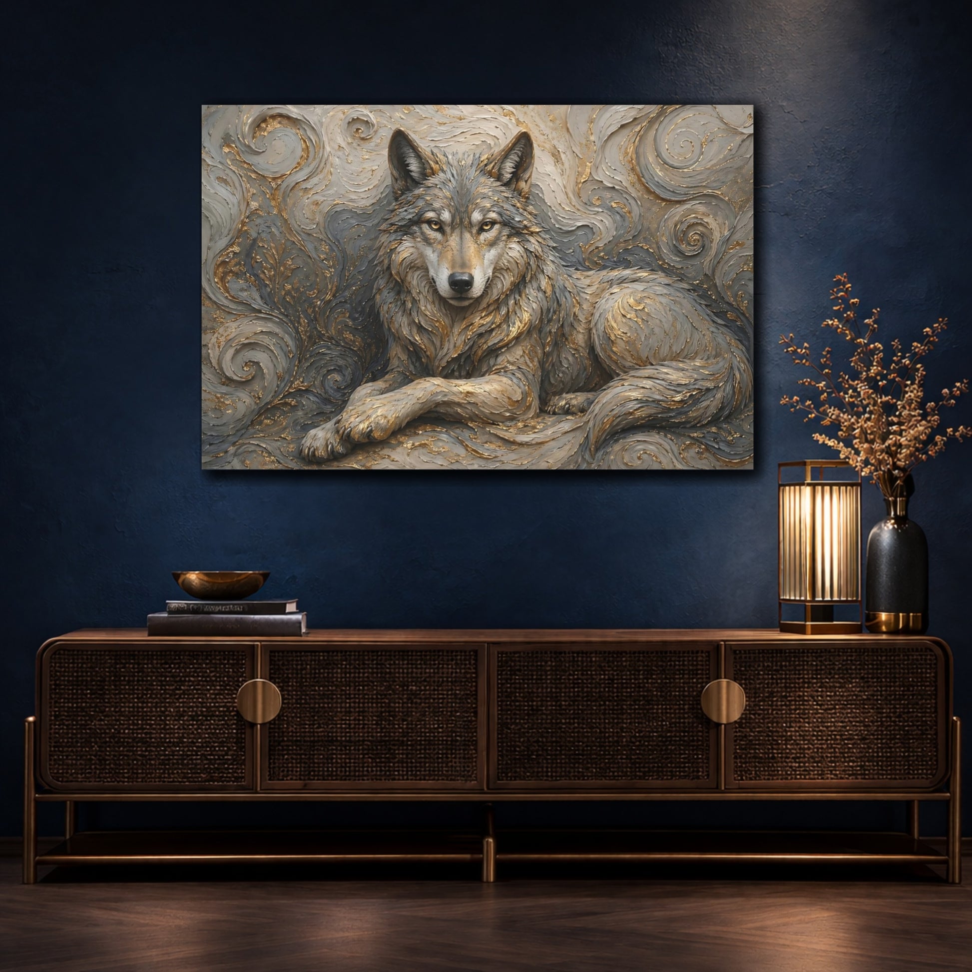 Mockup 4. Animals Wolf Gray And Gold shown as stretched canvas wall art