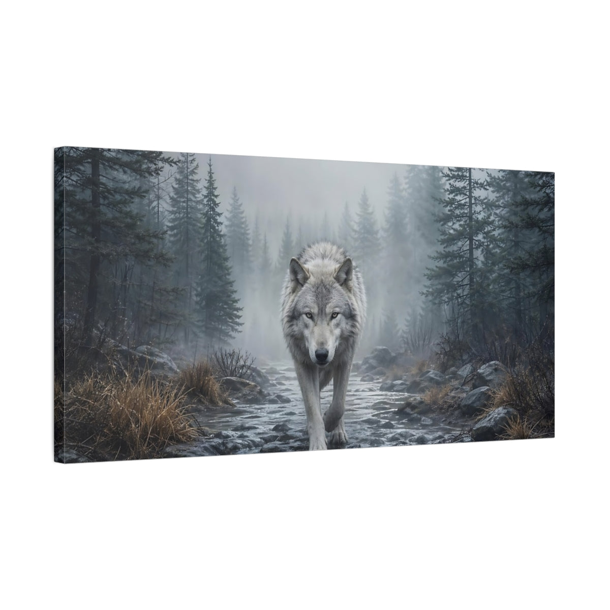 Side Mockup 1. Animals Wolf Gray Forest Wolf shown as stretched canvas wall art