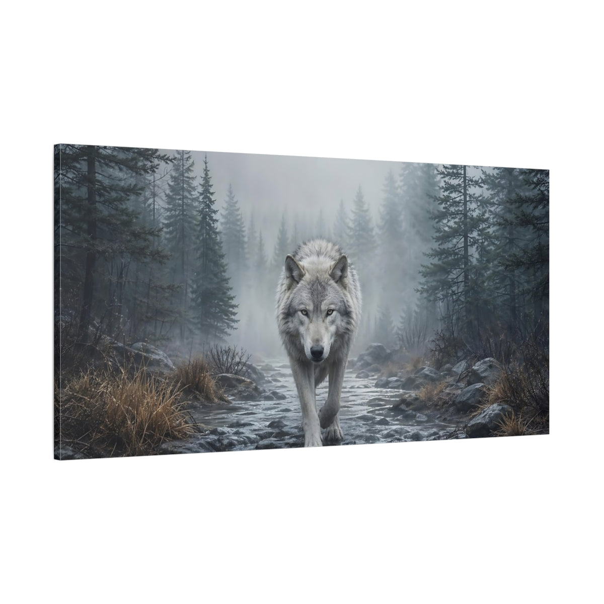 Side Mockup 2. Animals Wolf Gray Forest Wolf shown as stretched canvas wall art