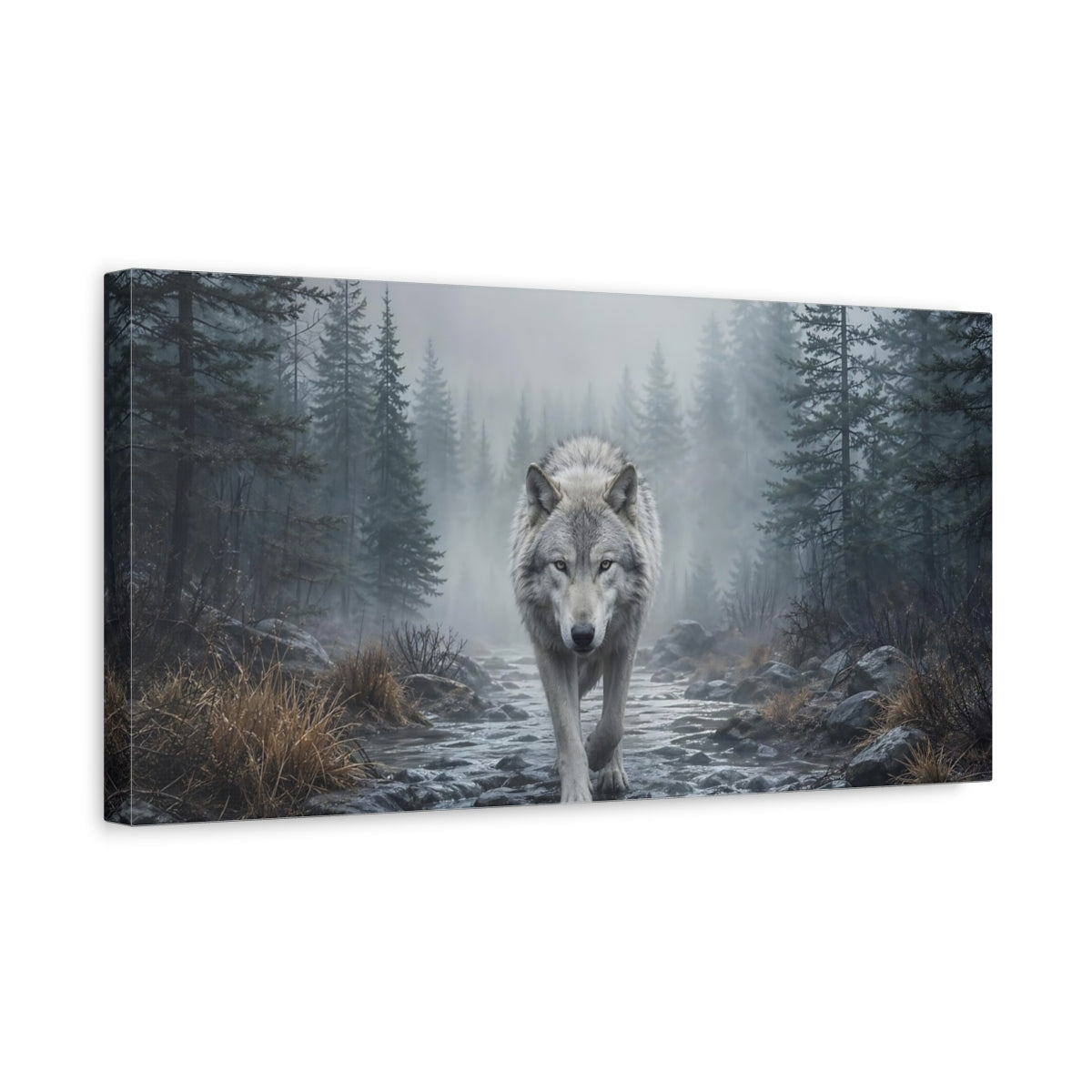 Side Mockup 3. Animals Wolf Gray Forest Wolf shown as stretched canvas wall art