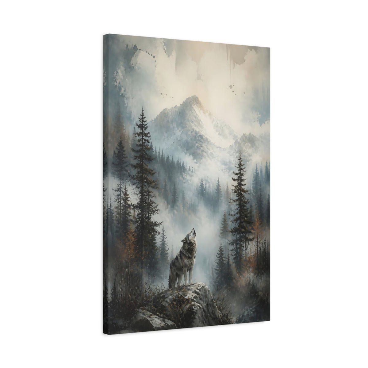 Animals Wolf Howling Gray Mountain Canvas Print – Realistic Living Room, Above Fireplace - YesArtYes