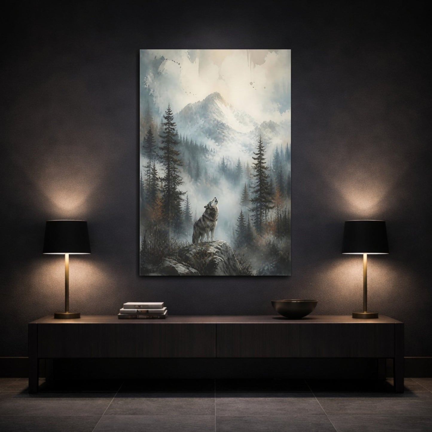 Animals Wolf Howling Gray Mountain Canvas Print – Realistic Living Room, Above Fireplace - YesArtYes