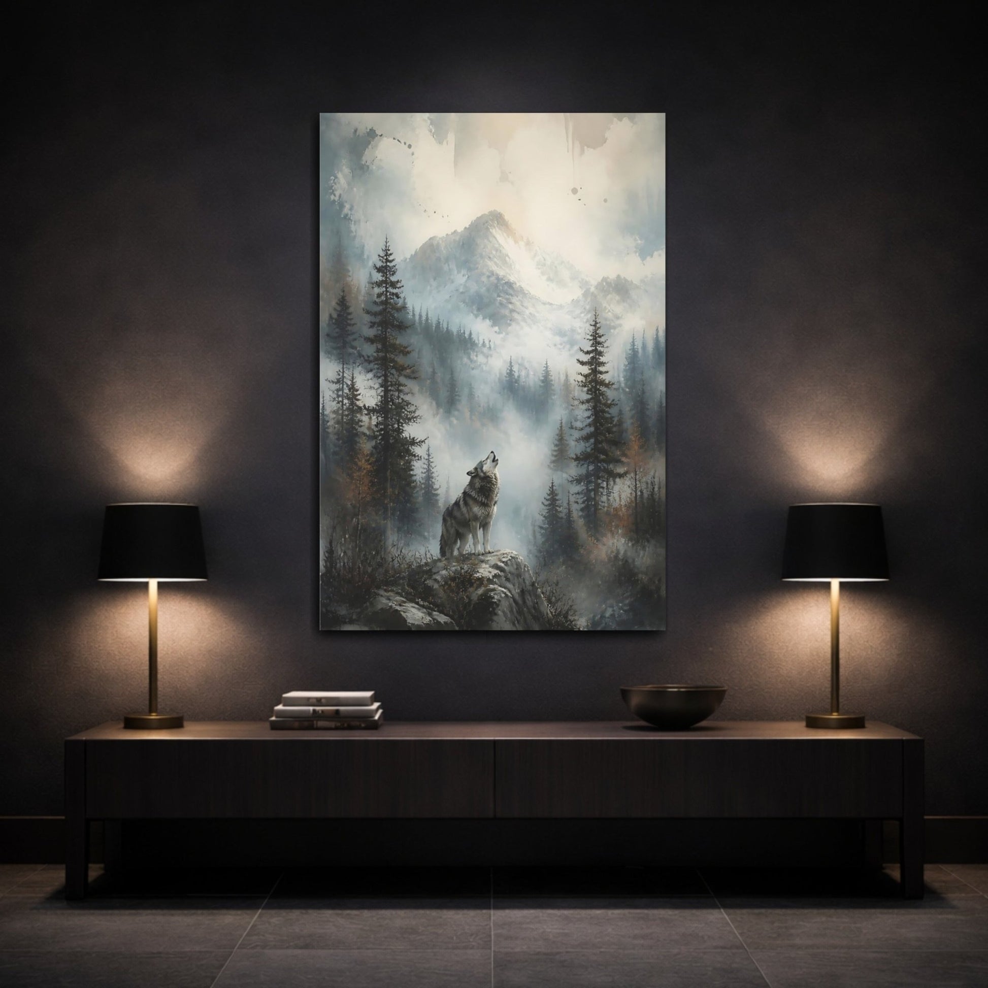 Animals Wolf Howling Gray Mountain Canvas Print – Realistic Living Room, Above Fireplace - YesArtYes
