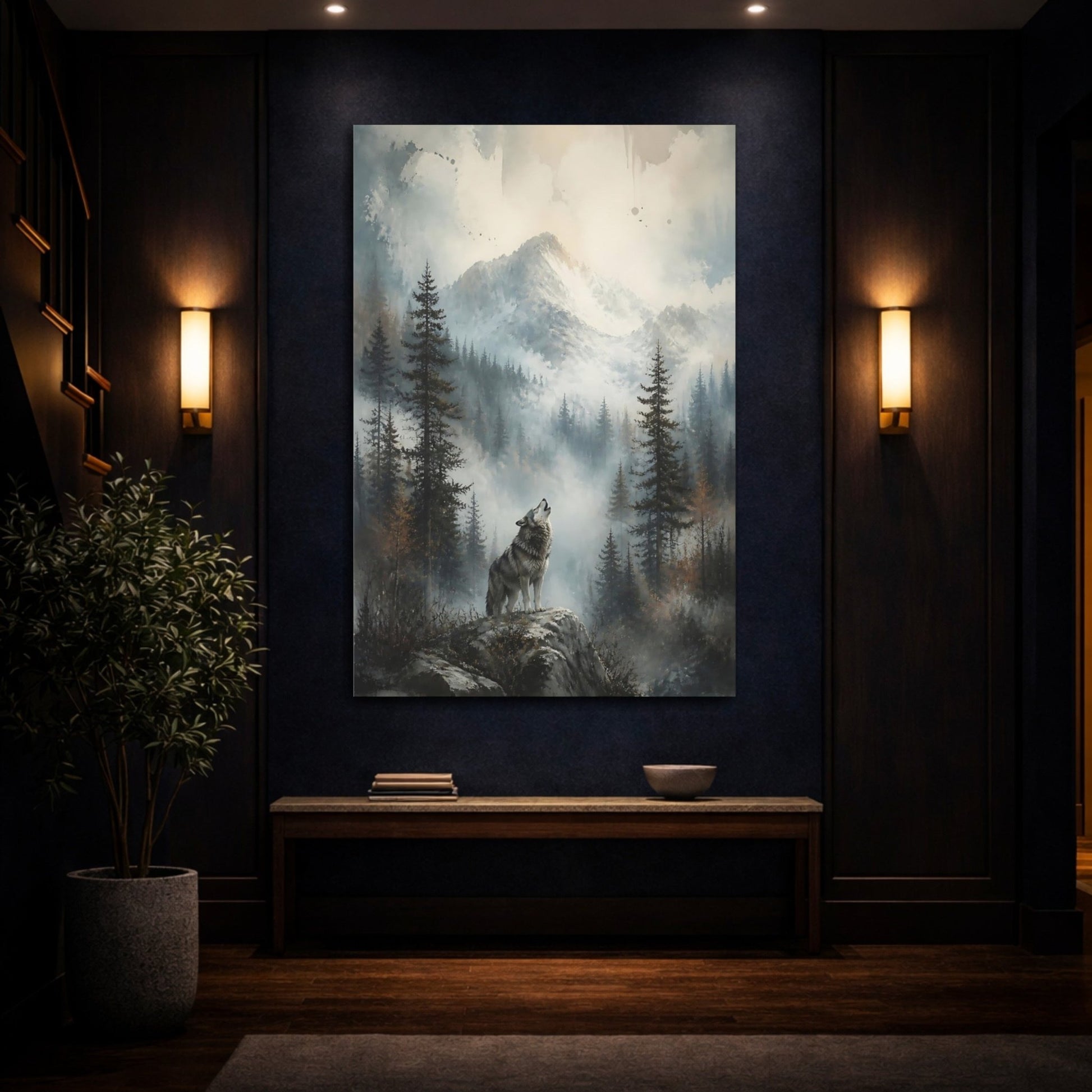 Animals Wolf Howling Gray Mountain Canvas Print – Realistic Living Room, Above Fireplace - YesArtYes