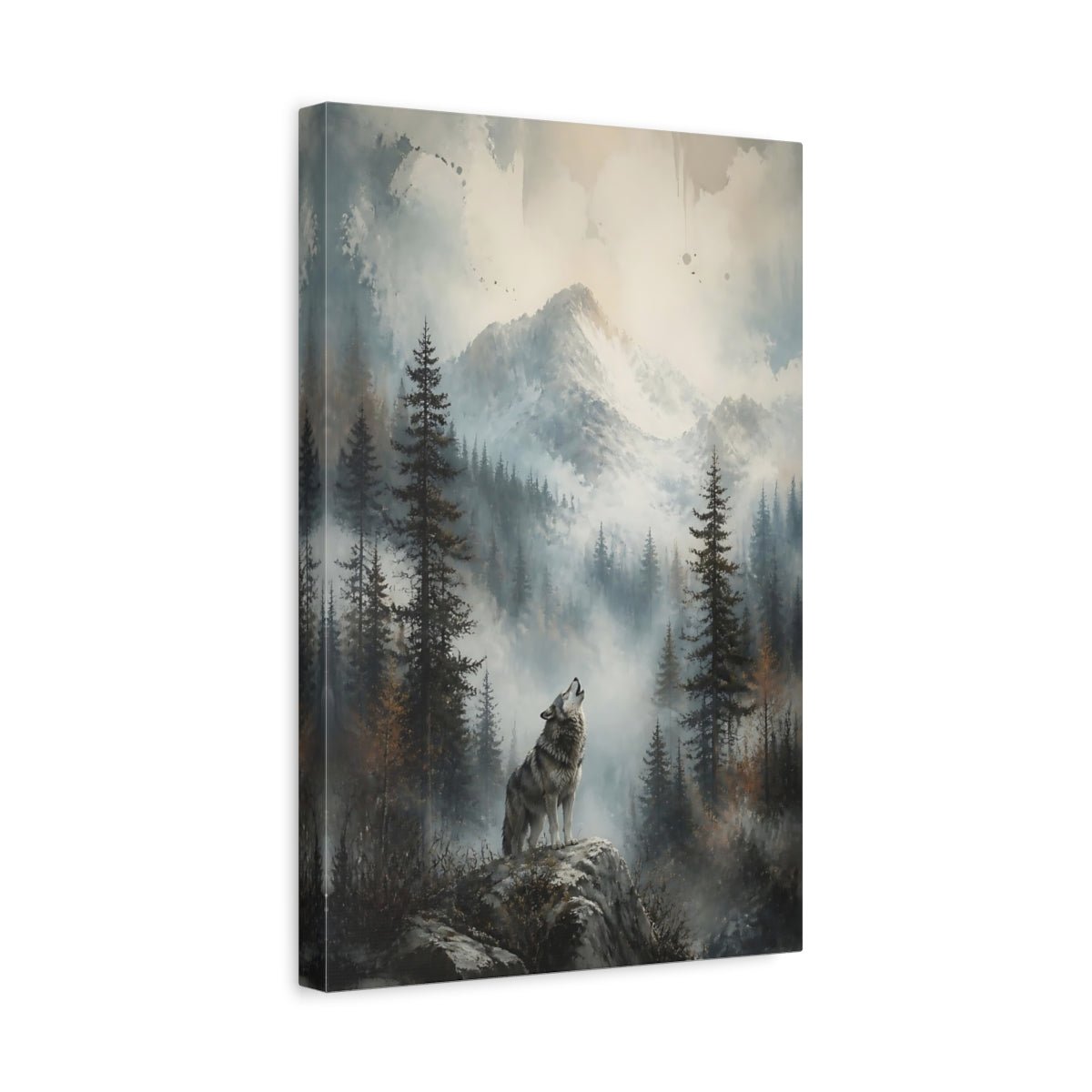 Animals Wolf Howling Gray Mountain Canvas Print – Realistic Living Room, Above Fireplace - YesArtYes