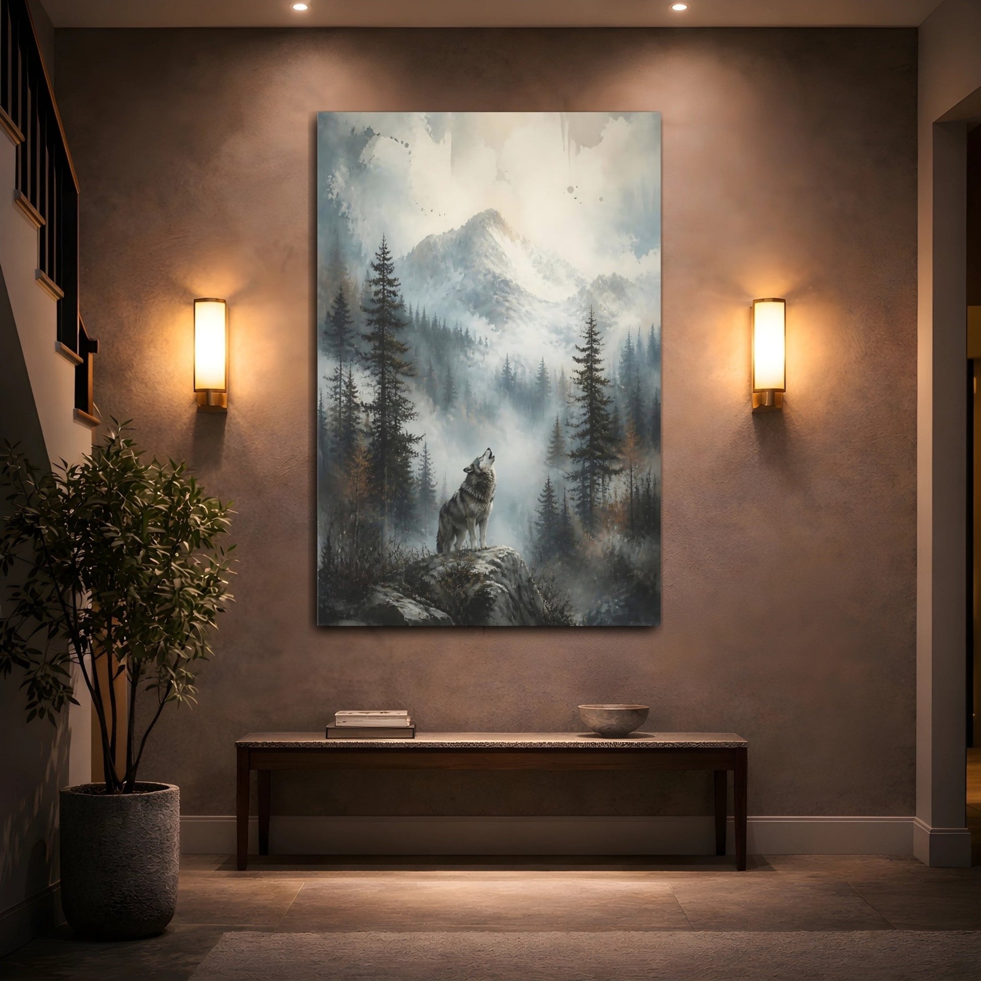 Animals Wolf Howling Gray Mountain Canvas Print – Realistic Living Room, Above Fireplace - YesArtYes