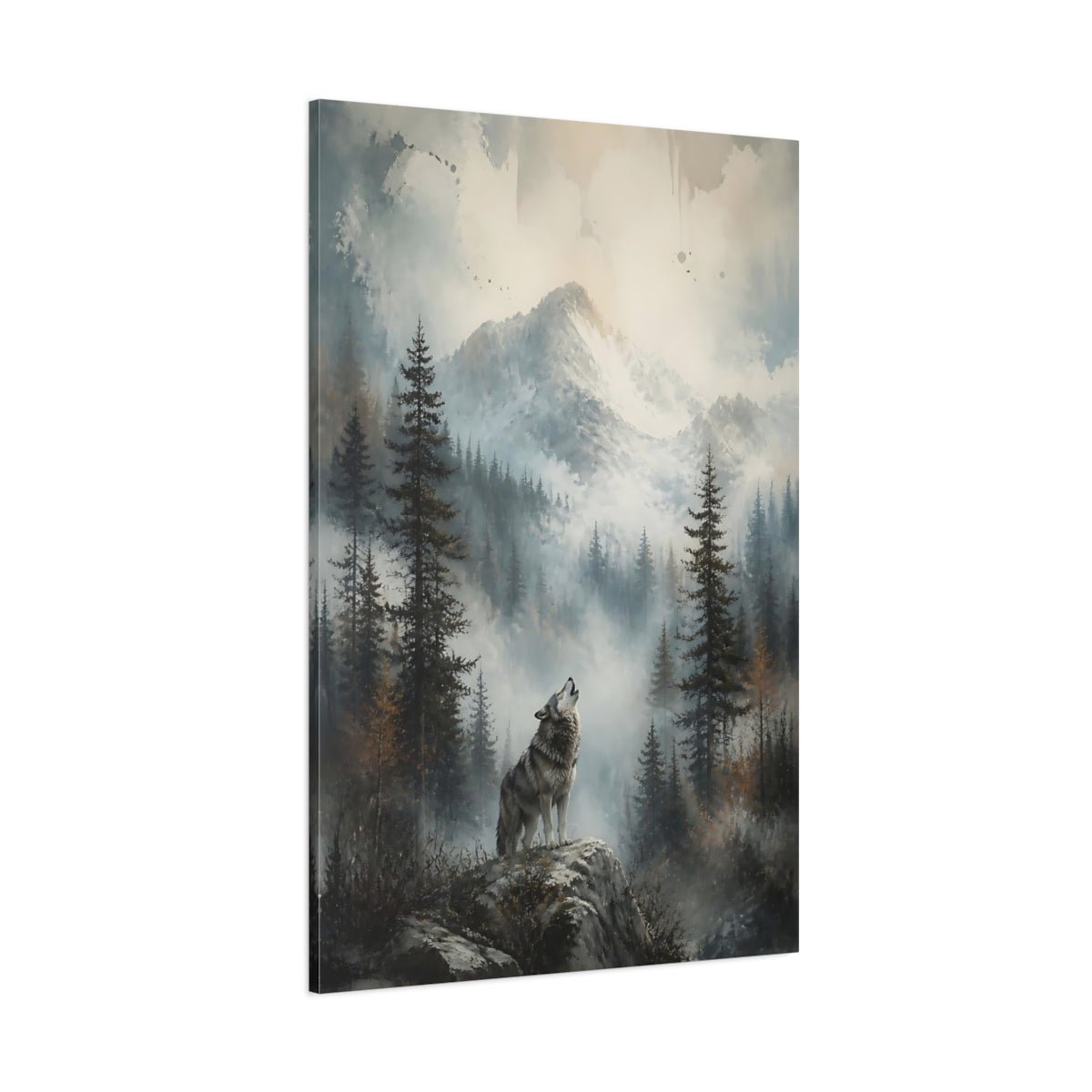 Animals Wolf Howling Gray Mountain Canvas Print – Realistic Living Room, Above Fireplace - YesArtYes