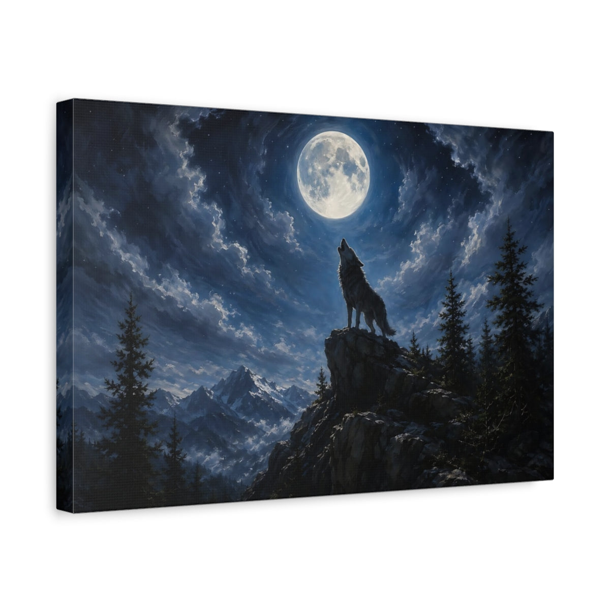 Side Mockup 4. Animals Wolf Moonlit Wolf shown as stretched canvas wall art