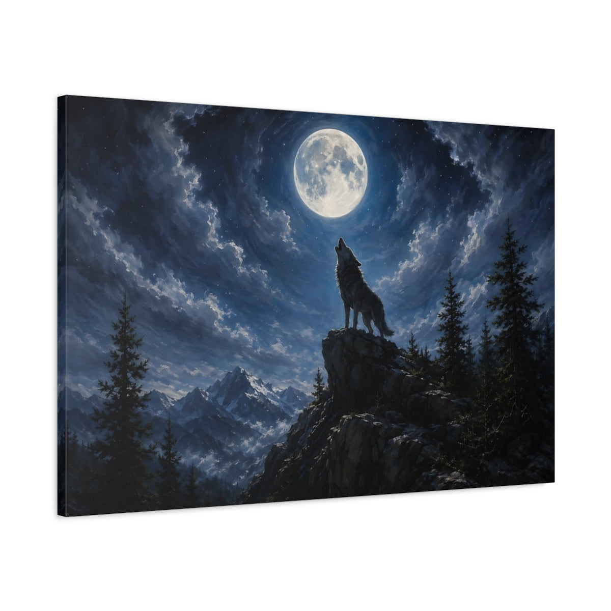 Main Mockup. Animals Wolf Moonlit Wolf shown as stretched canvas wall art