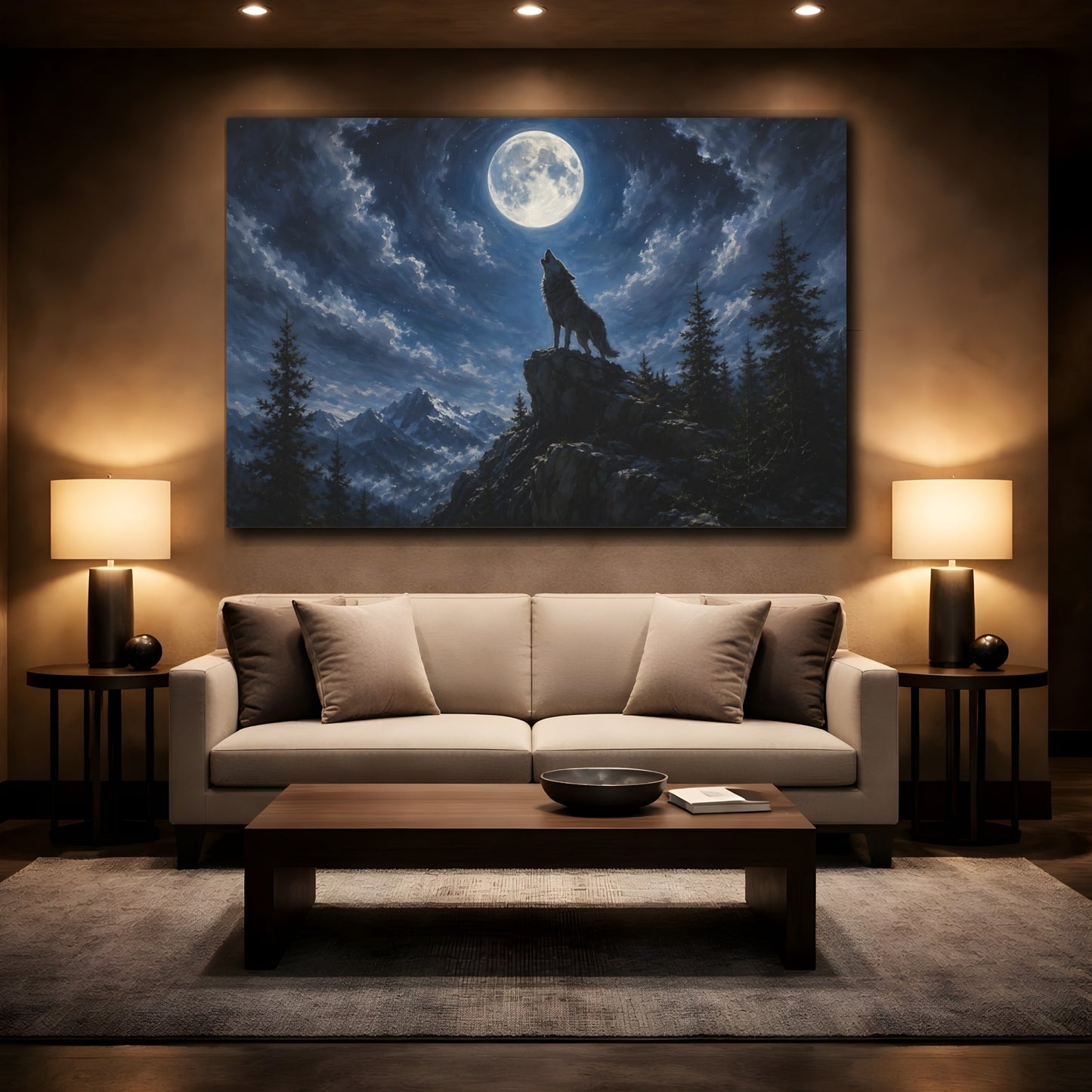Mockup 2. Animals Wolf Moonlit Wolf shown as stretched canvas wall art