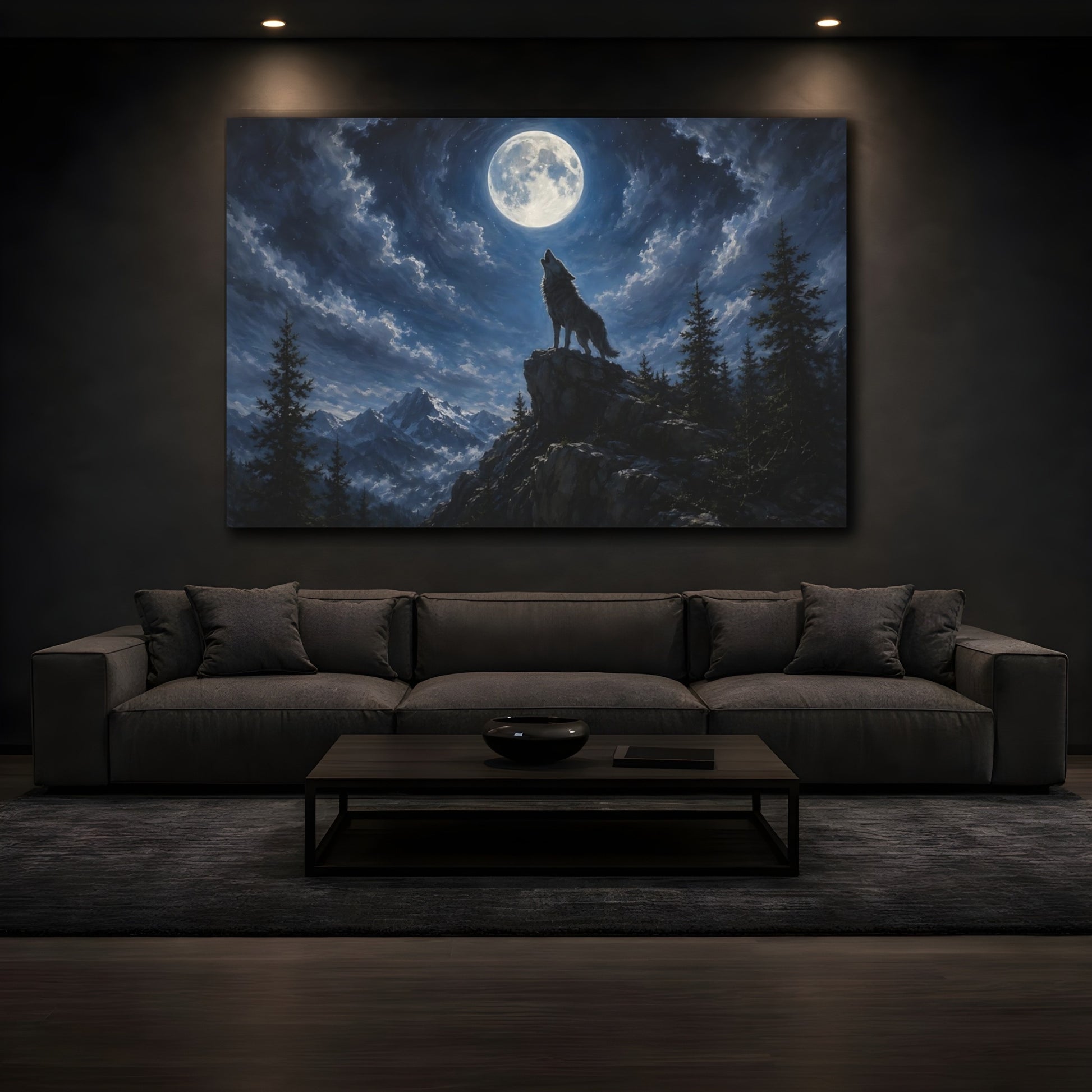 Mockup 3. Animals Wolf Moonlit Wolf shown as stretched canvas wall art