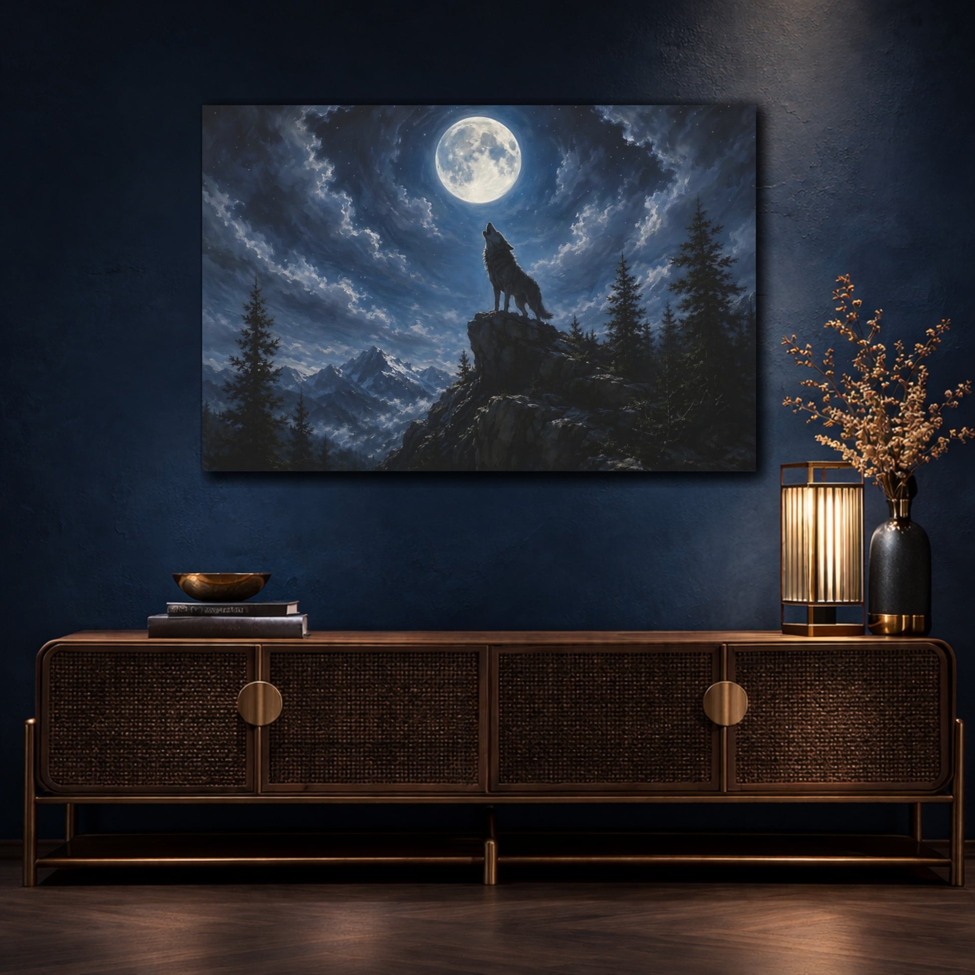 Mockup 4. Animals Wolf Moonlit Wolf shown as stretched canvas wall art